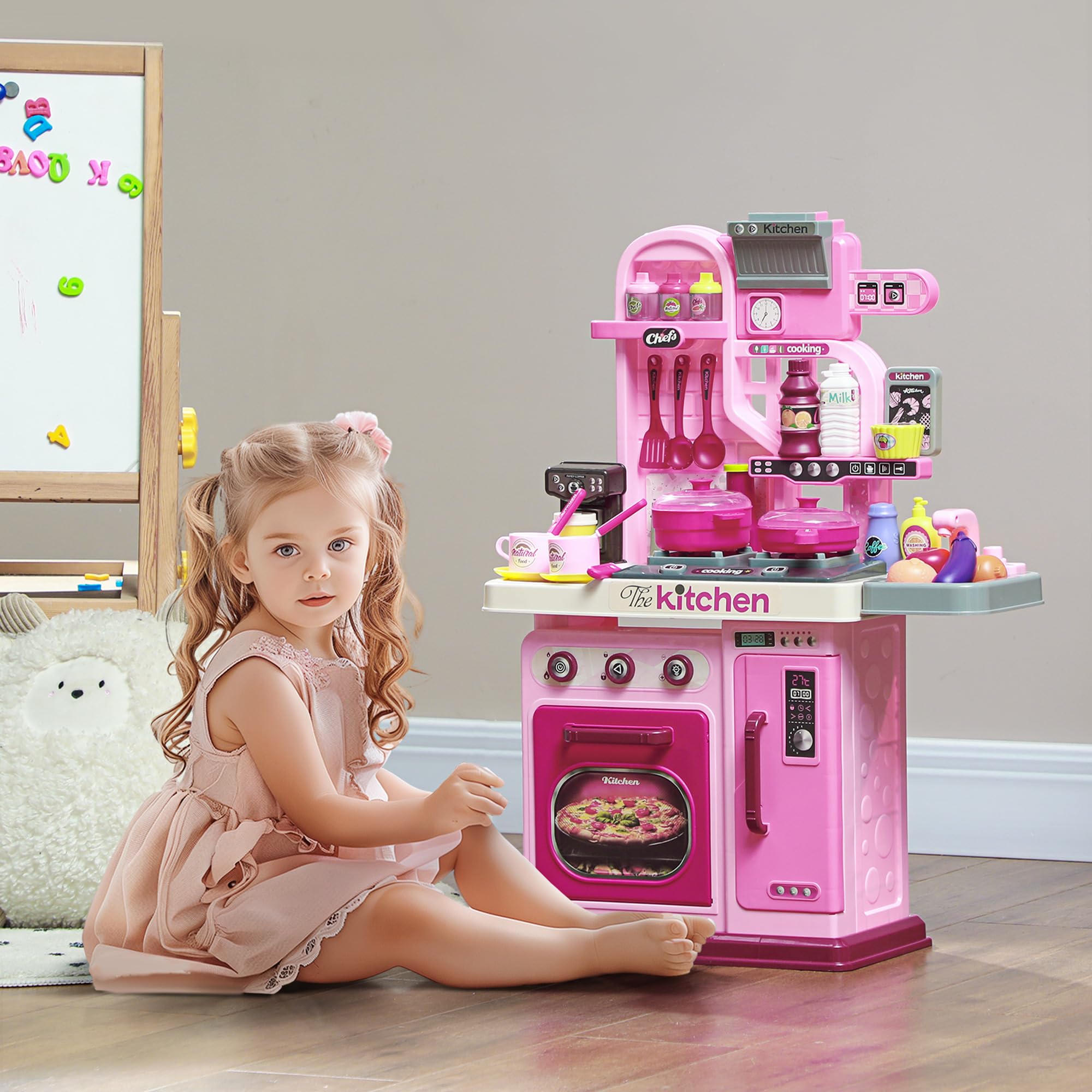 AIYAPLAY Cucina Giocattolo per Bambini da 33 Pezzi con Luci, Suoni e Rubinetto, Gioco per Bambini in PP e ABS, 53x22x69 cm, Rosa