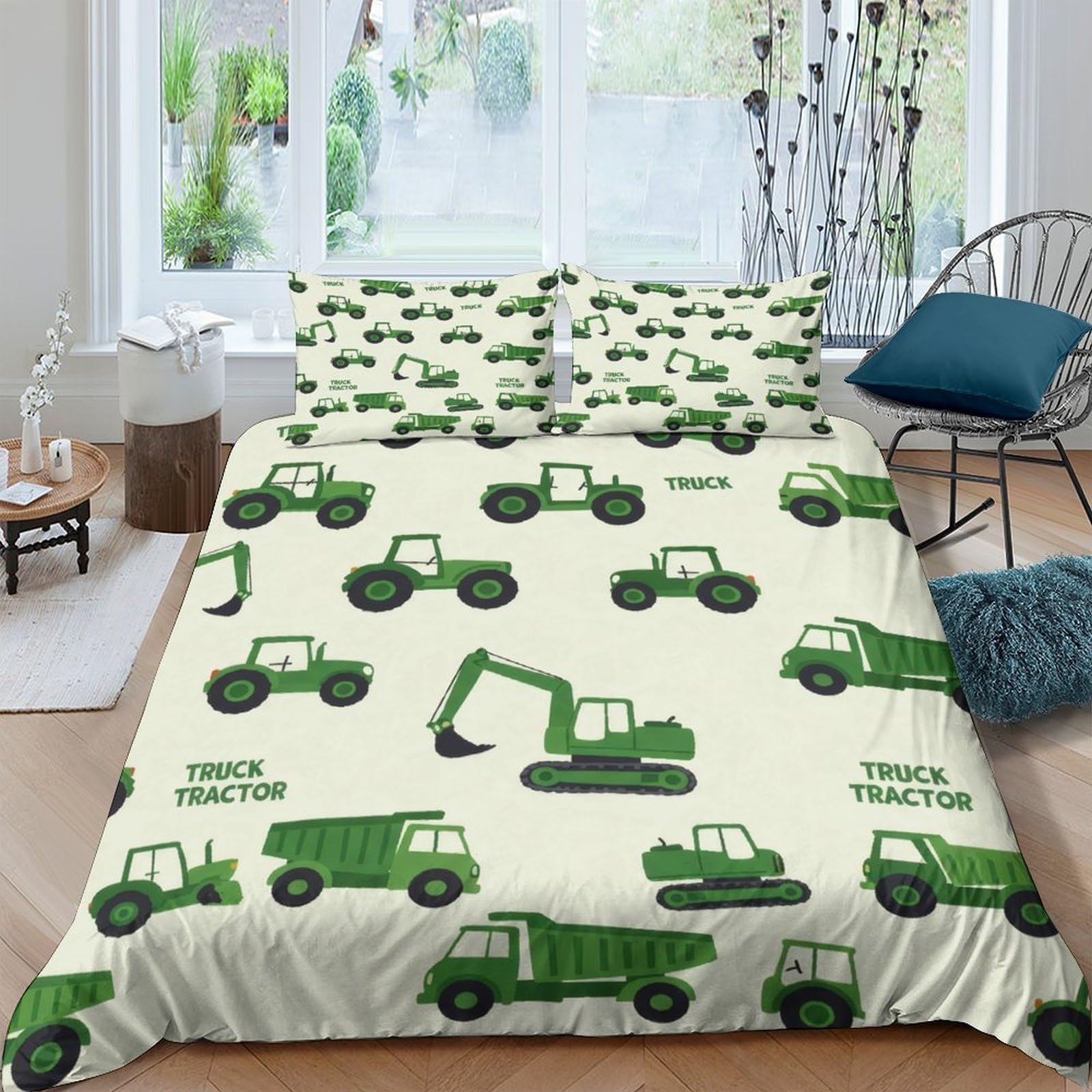 Ctjqhvkz Style-1 3D Printed Green Tractor Fitted Sheet Microfiber Soft Excavator Bed Cover For Bedroom Dorm Mattress Decor Single（135X200cm）