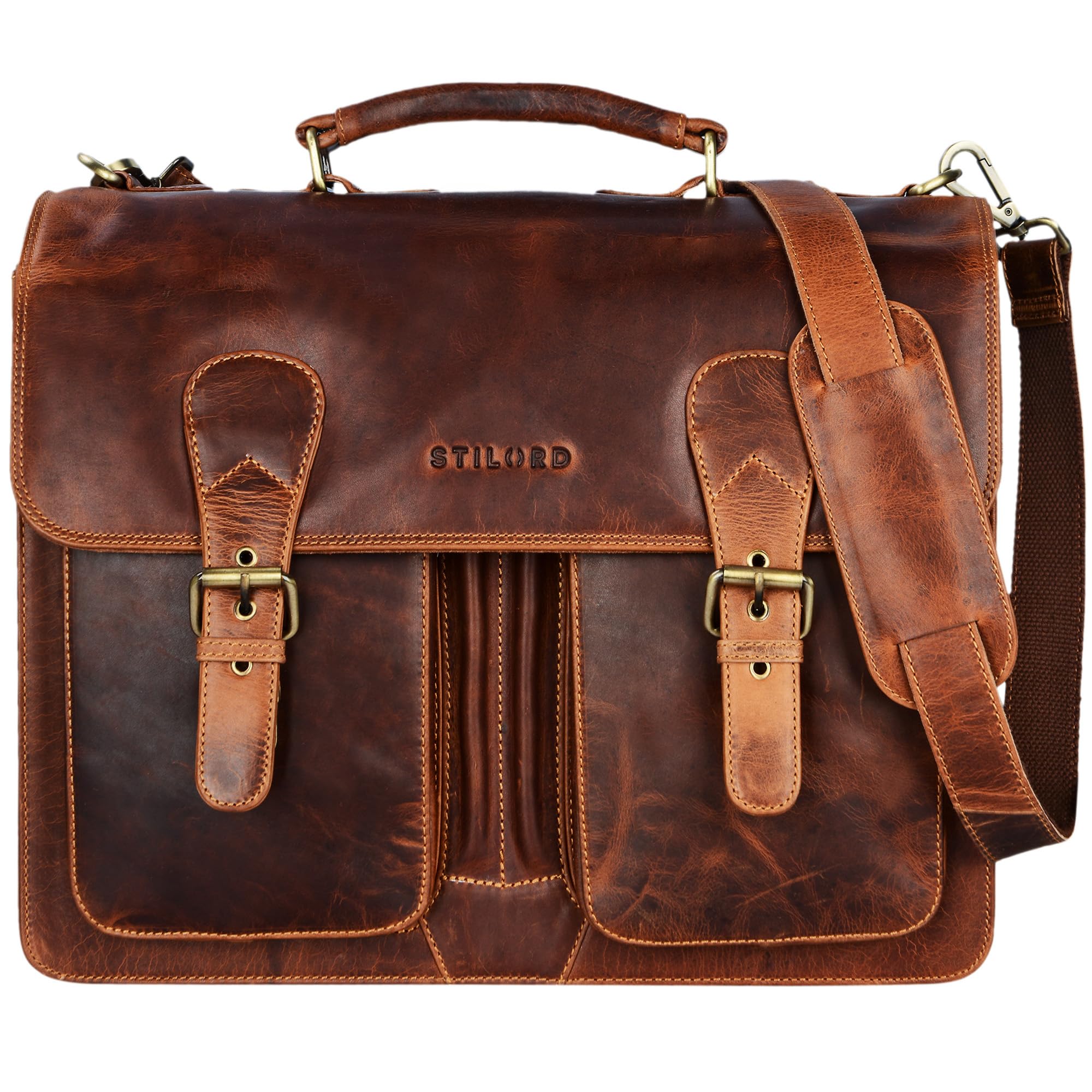 STILORD Denver Vintage Aktentasche Leder Herren Cognac - Männer Arbeitstasche Leder-Tasche 15.6 Zoll Laptop Bürotasche Große Business Umhängetasche Echt-Leder Lehrertasche