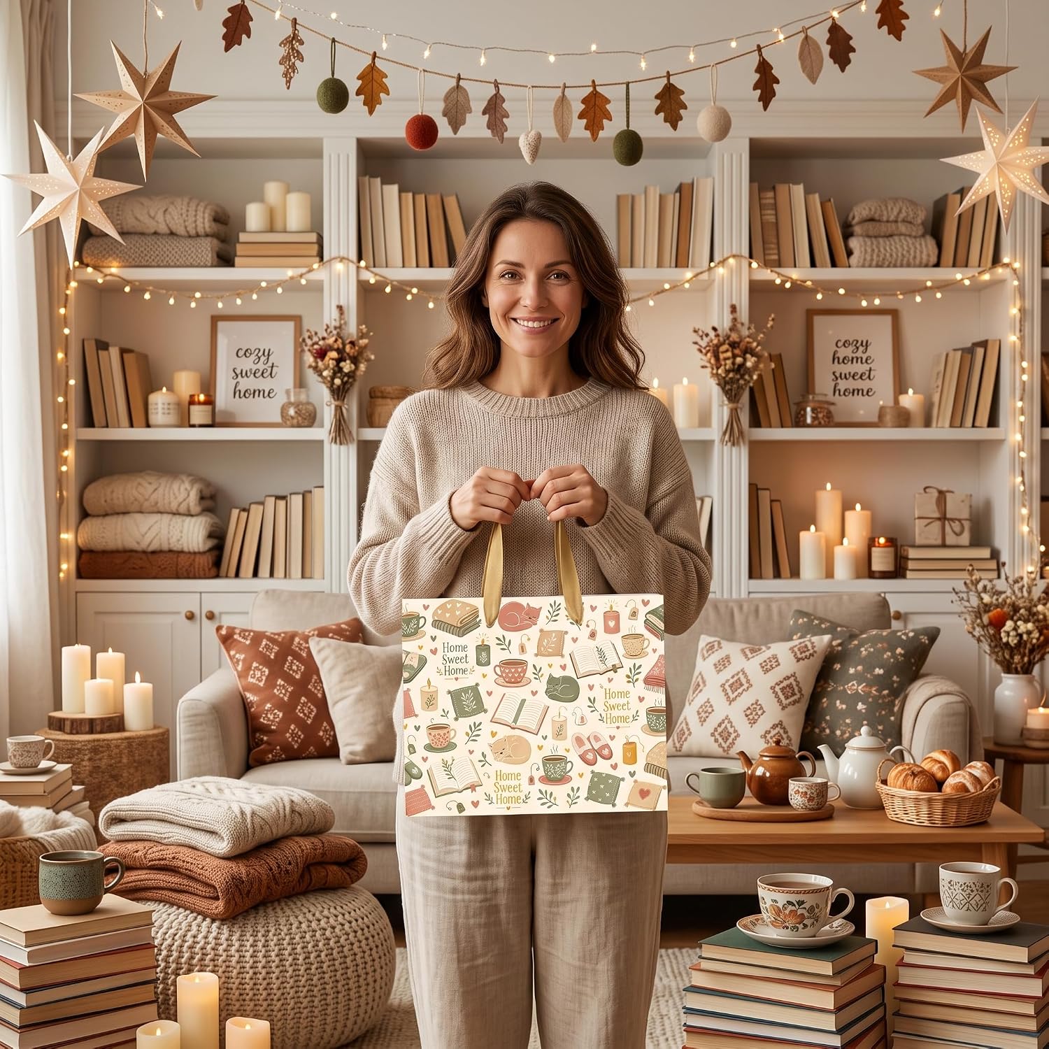 Hkshaoda Home Sweet Home Housewarming Gift Bag with Greeting Card Tissue Paper Cozy Cat Book Tea Theme Large Present Wrap Kit for New Homeowners, Rustic Farmhouse Hostess Party Packaging Supplies image 3