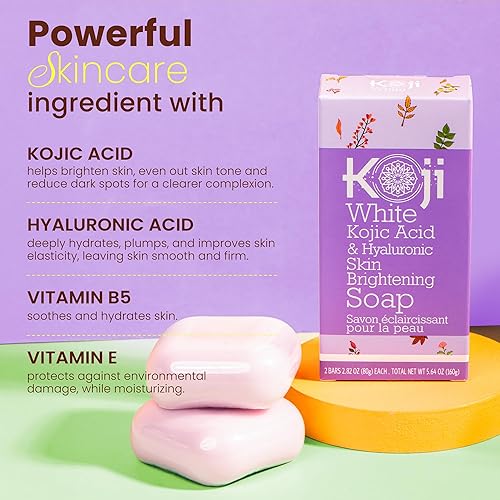 Vista 4 de Koji White Jabón iluminador de piel con ácido kójico y ácido hialurónico para hidratar, hidratante facial, radiante de piel, barra limpiadora