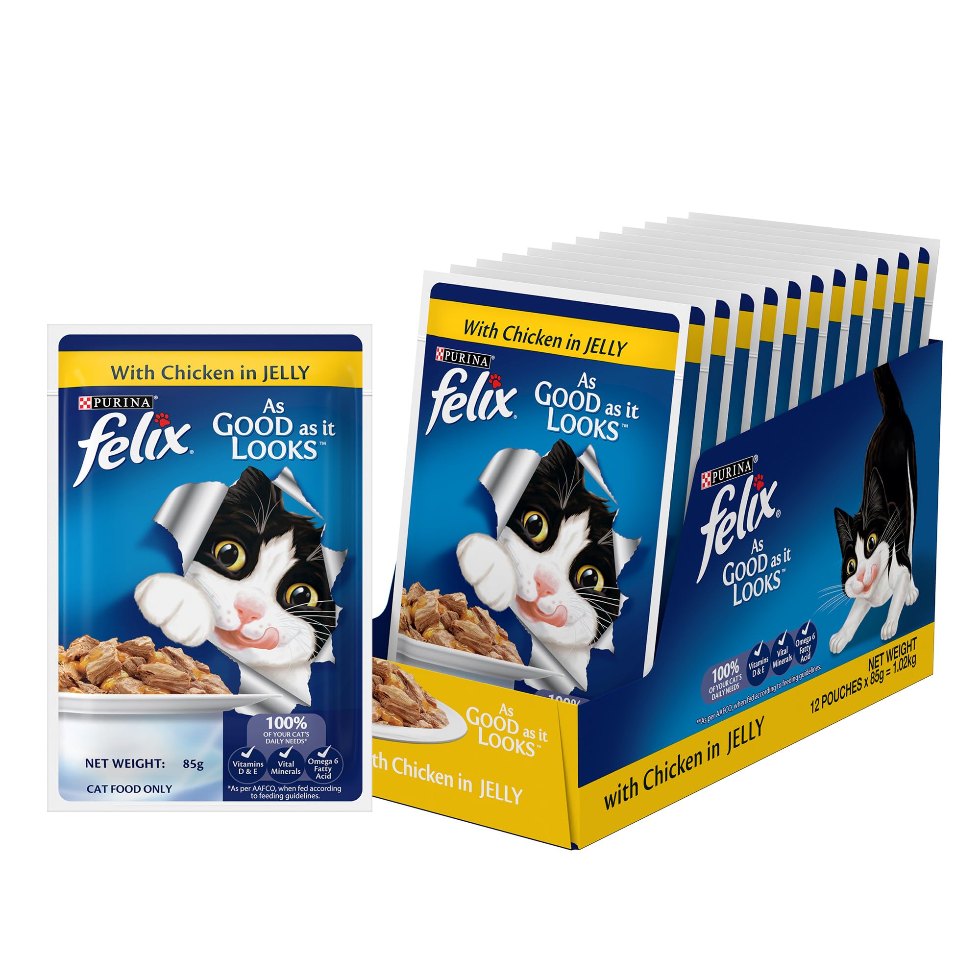 Felix with Chicken in Jelly | Wet Food for Adults | Complete and Balanced Cat Food, Pack of 12 Pouches (12 x 85 g)