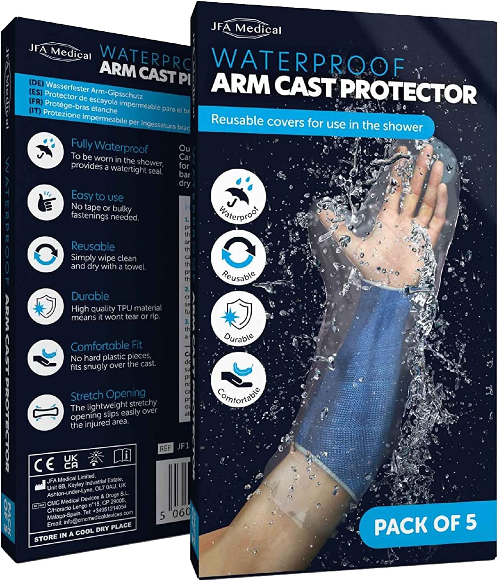 JFA Medical Reusable Waterproof Shower Arm Cast Cover Protectors, Half Arm Box of 5