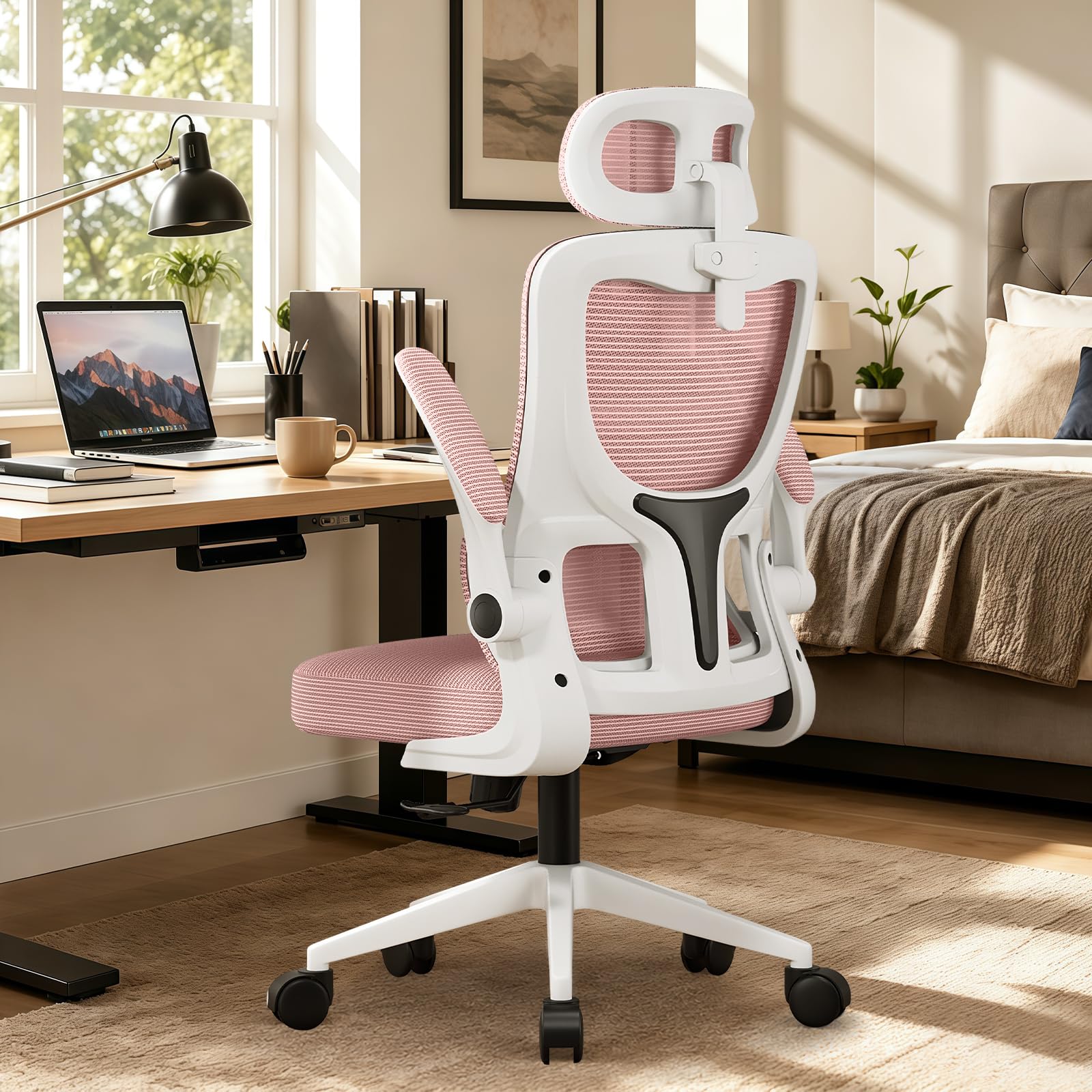 Silla Ergonómica de Oficina con Soporte Lumbar Adaptativo, Reposacabezas Ajustable y Reposabrazos Abatibles, Silla de Malla Reclinable para Oficina en Casa, Estudio y Gaming, Rosa