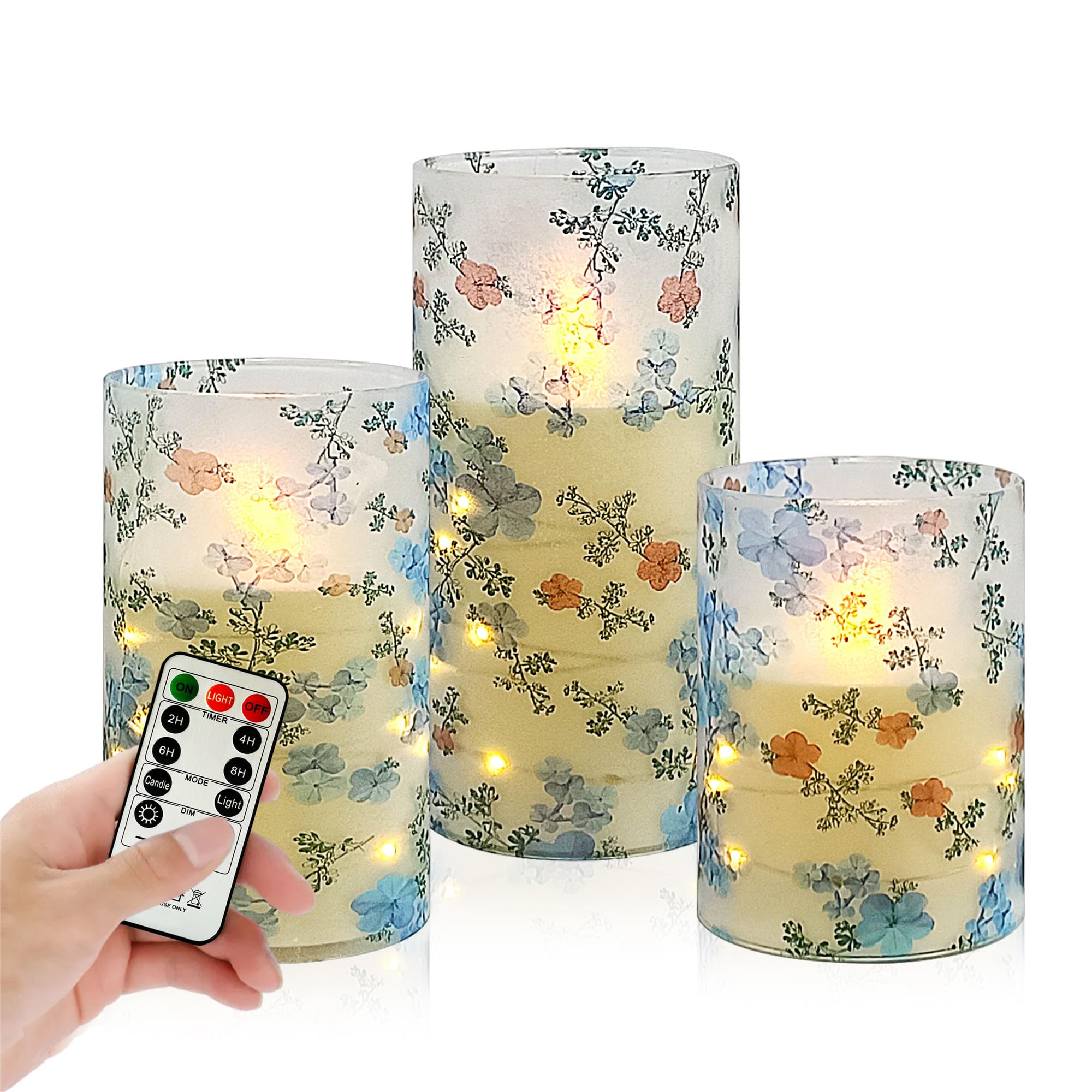 Printed Flameless Candles with String Lights - Set of 3 Battery Operated Candle Flickering Floral LED Pillar Candles with Timer Remote for Home Decor Romantic Ambiance,LT