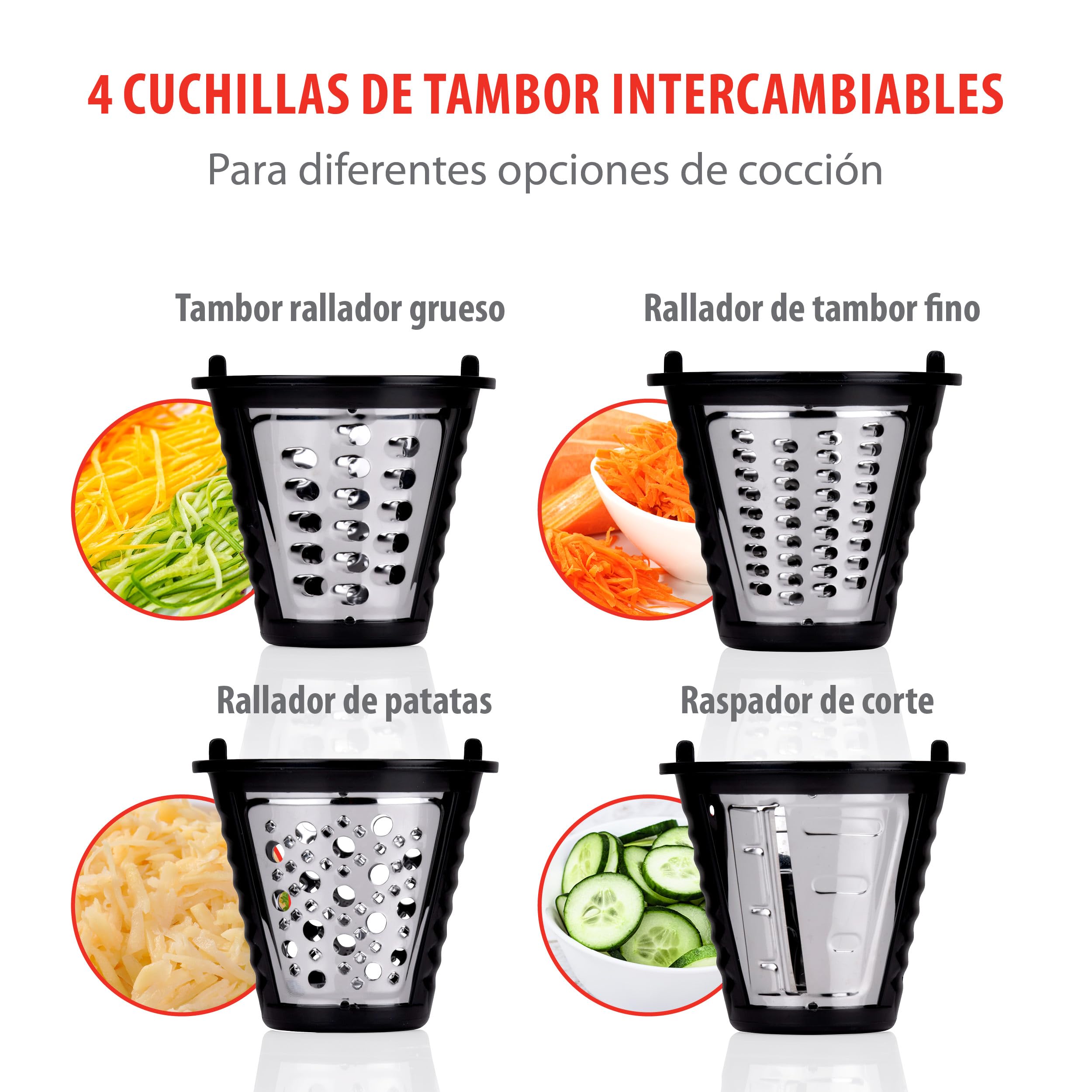 alpina Rallador de Verduras Electrico - Mandolina Electrico - Molinex con 4 Cuchillas de Tambor de Acero Inoxidable - Cortador de Verduras Multifuncional - Picadora de Verduras