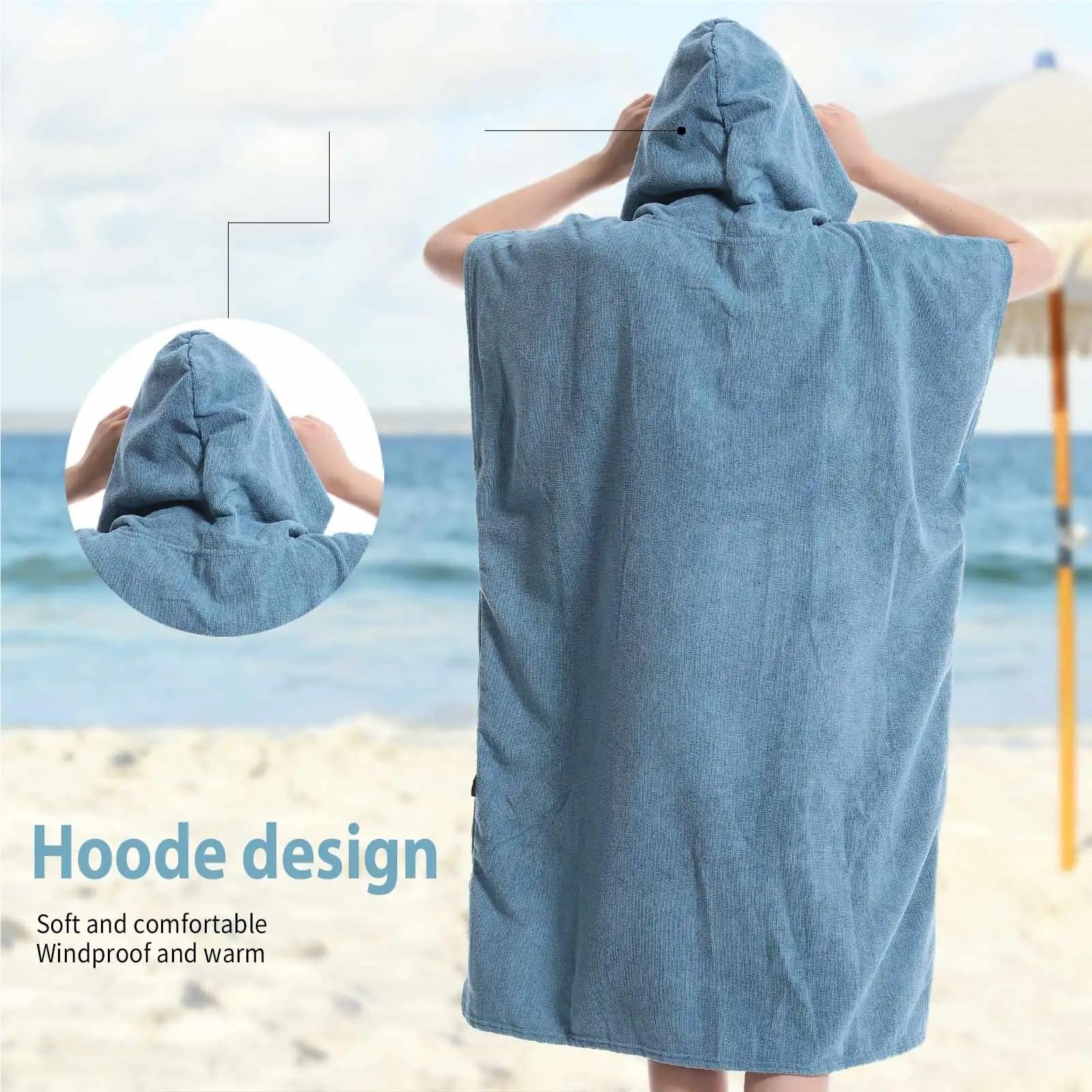 Badehandtuch mit Kapuze, Surfponcho, Umkleidemantel, schnelltrocknendes Mikrofaser-Umkleidetuch mit Tasche und Kapuze for drinnen und draußen(Dark Blue)