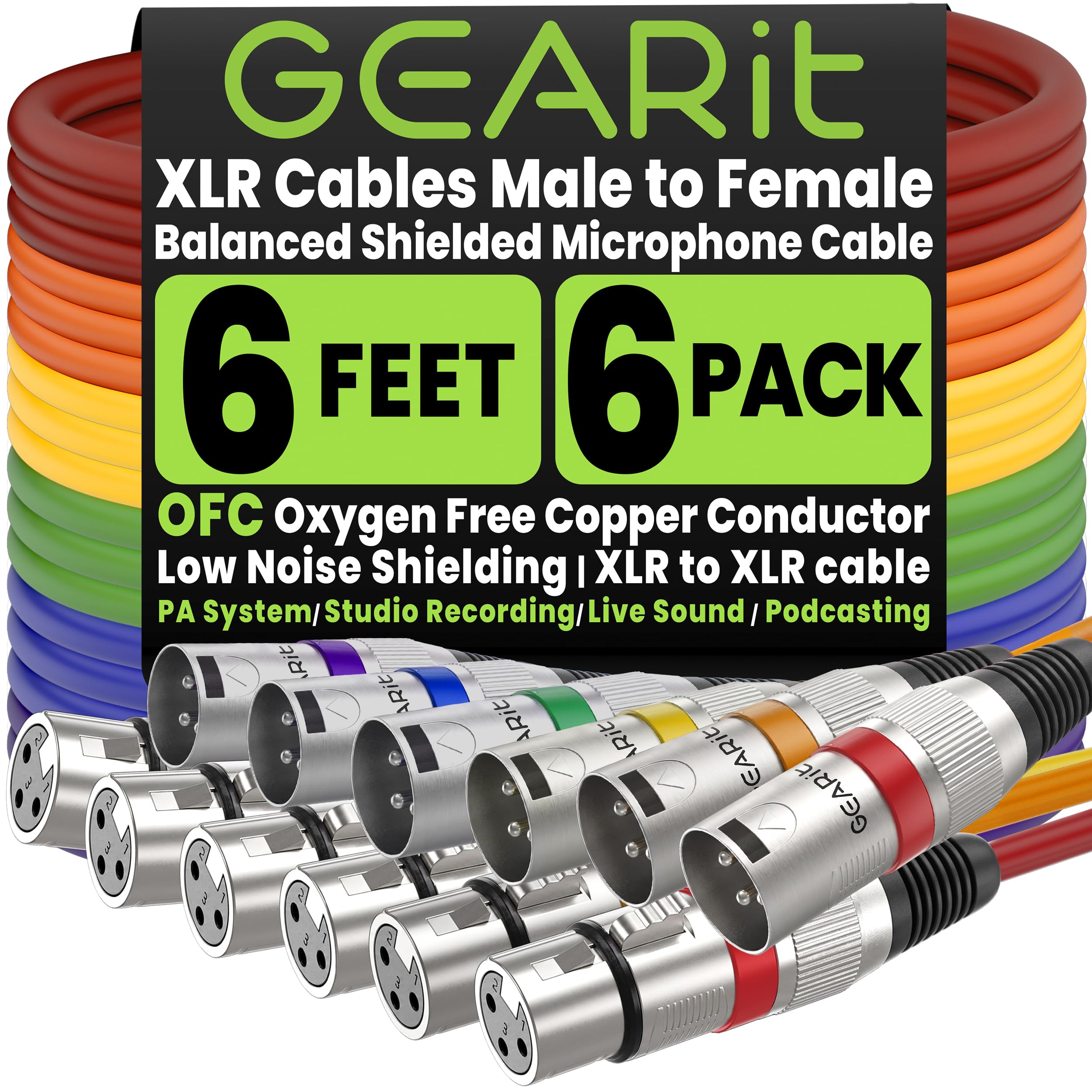 GearIT Cavo per microfono XLR (3 metri, 6 pezzi) – Cavo bilanciato schermato XLR maschio a femmina a 3 pin per mixer, studio, podcast, multicolore, 3 m, confezione da 6