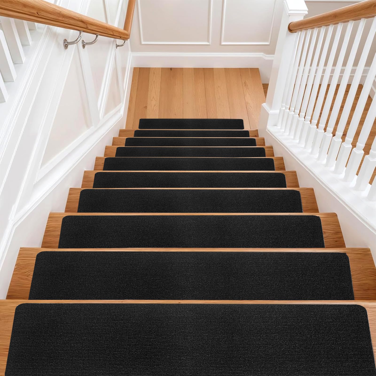 M.J COMFY-LIFE Stair Tread Pads Stair Mats Carpet Non-slip Step Protectors Reusable Stair Runner Rugs Covers Stair Protection Mats for Home Indoor Pets Kids Elders (Black-Striped, 15pcs-70x22cm)