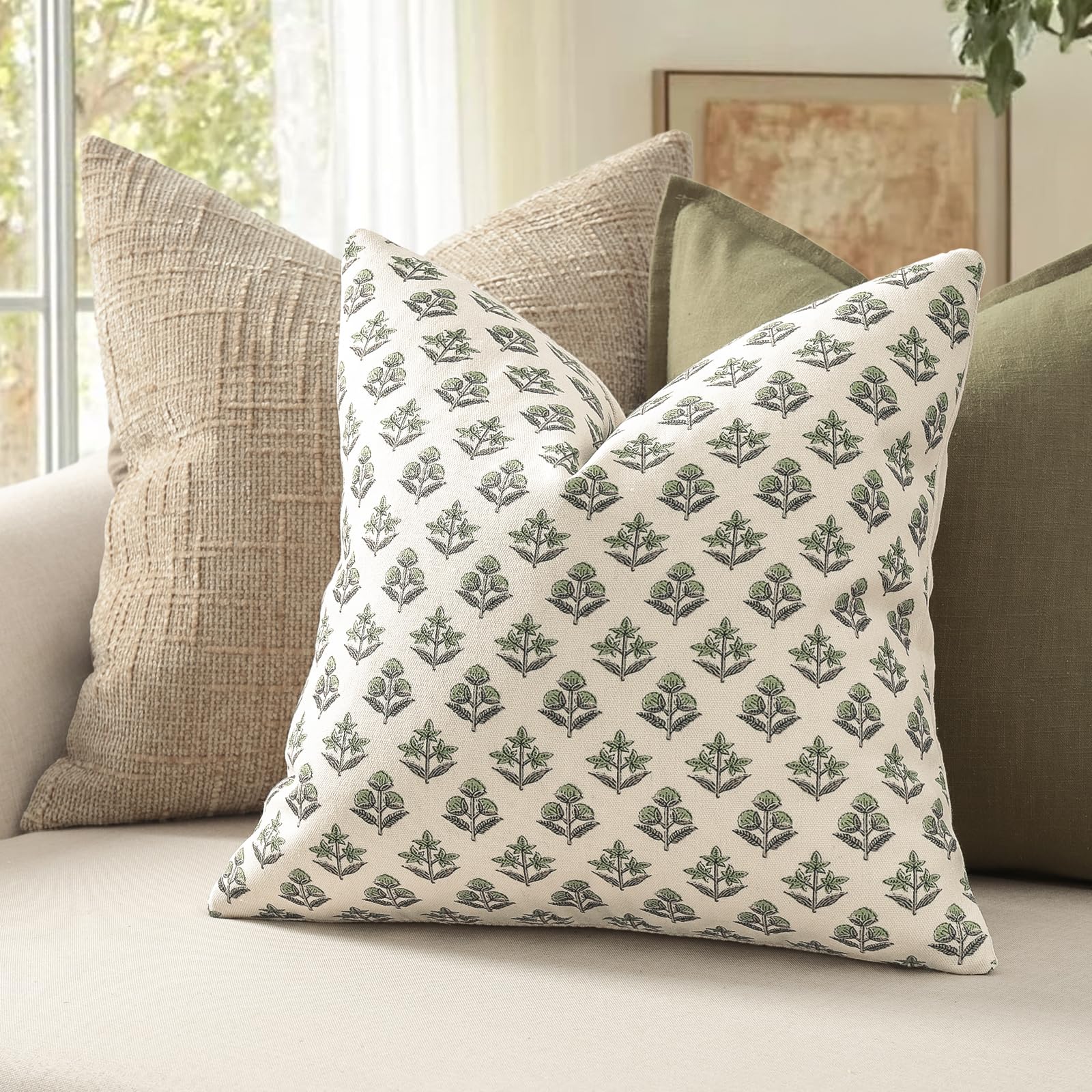 YCOLL Modernes Botanisches Vintage-Design Kissenbezug 50x50 2er Set Blumen Kissenbezüge, Sofakissen, Dekokissen für Sofa, Couch, Stuhl, Bett, Wohnzimmer Heimdekoration, Salbeigrün