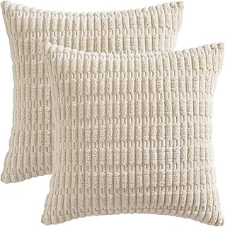 Pack of 2 Corduroy Decorative Throw Pillow Covers 18x18 Inch Soft Corduroy Striped Square Pillow Case Modern Farmhouse Home Decor for Sofa Living Room Couch Bed（45x45 cm, Cream White）