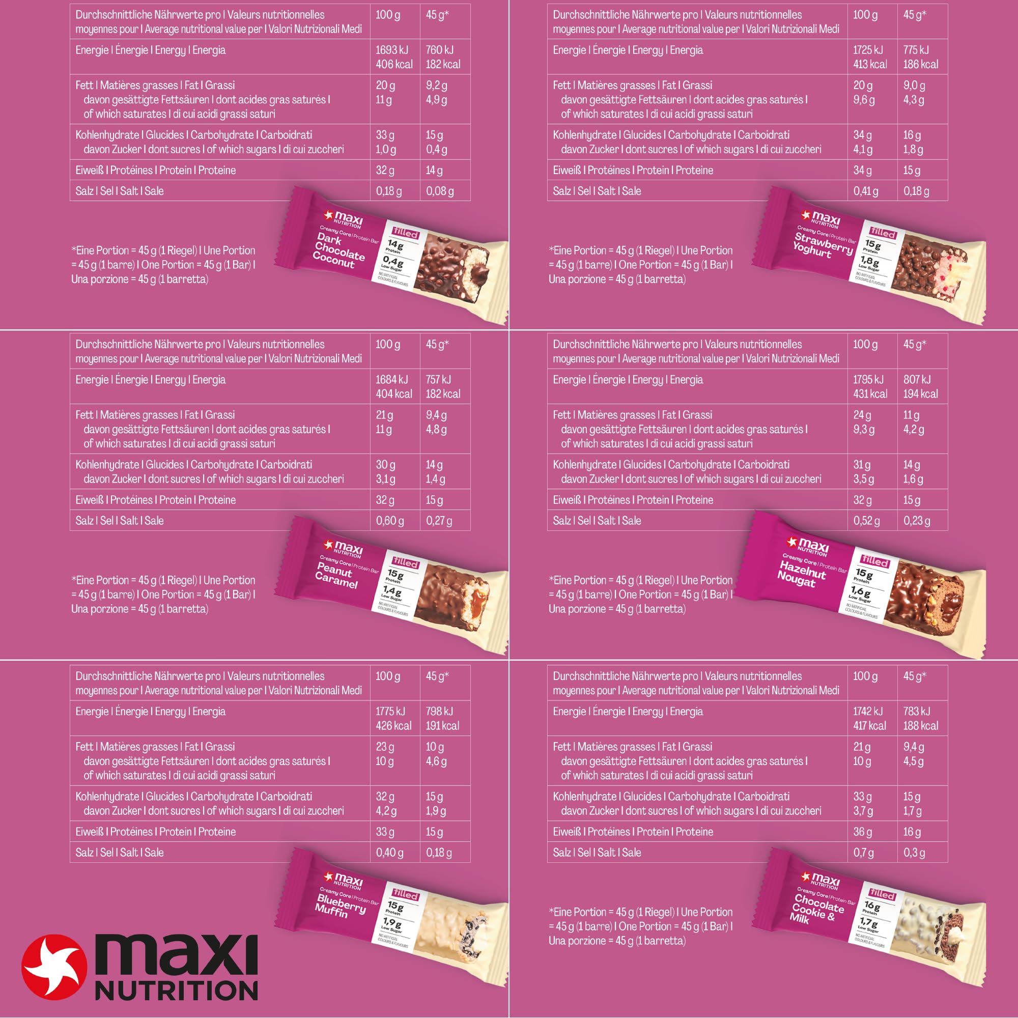 MaxiNutrition Creamy Core Bar MIX BOX, 6 Sorten (12 Riegel x 45 g), Jede Sorte enthält mindestens 14 g Eiweiß pro Riegel, Low Sugar, ohne Zuckerzusatz, ohne künstliche Aromen