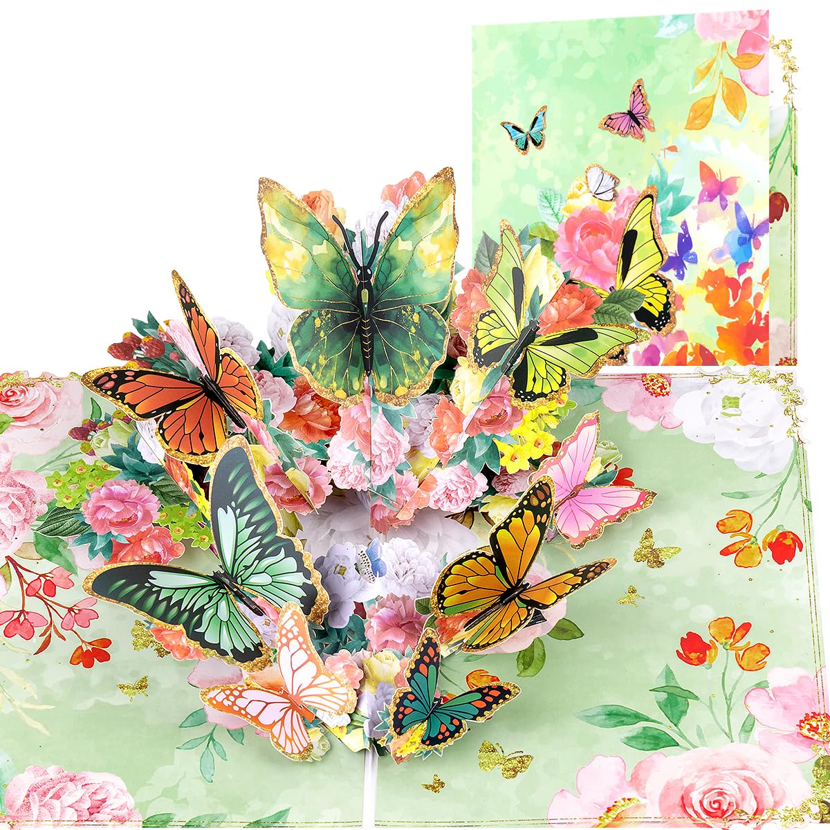 CNLITIHEKA Green Butterfly Pop Up Card for Women, Pop Up Flower Greeting Card - Butterfly Theme, for Any Occasion, Mother's Day, Valentines Day, Birthday, Anniversary, Get Well, Includes Envelope.