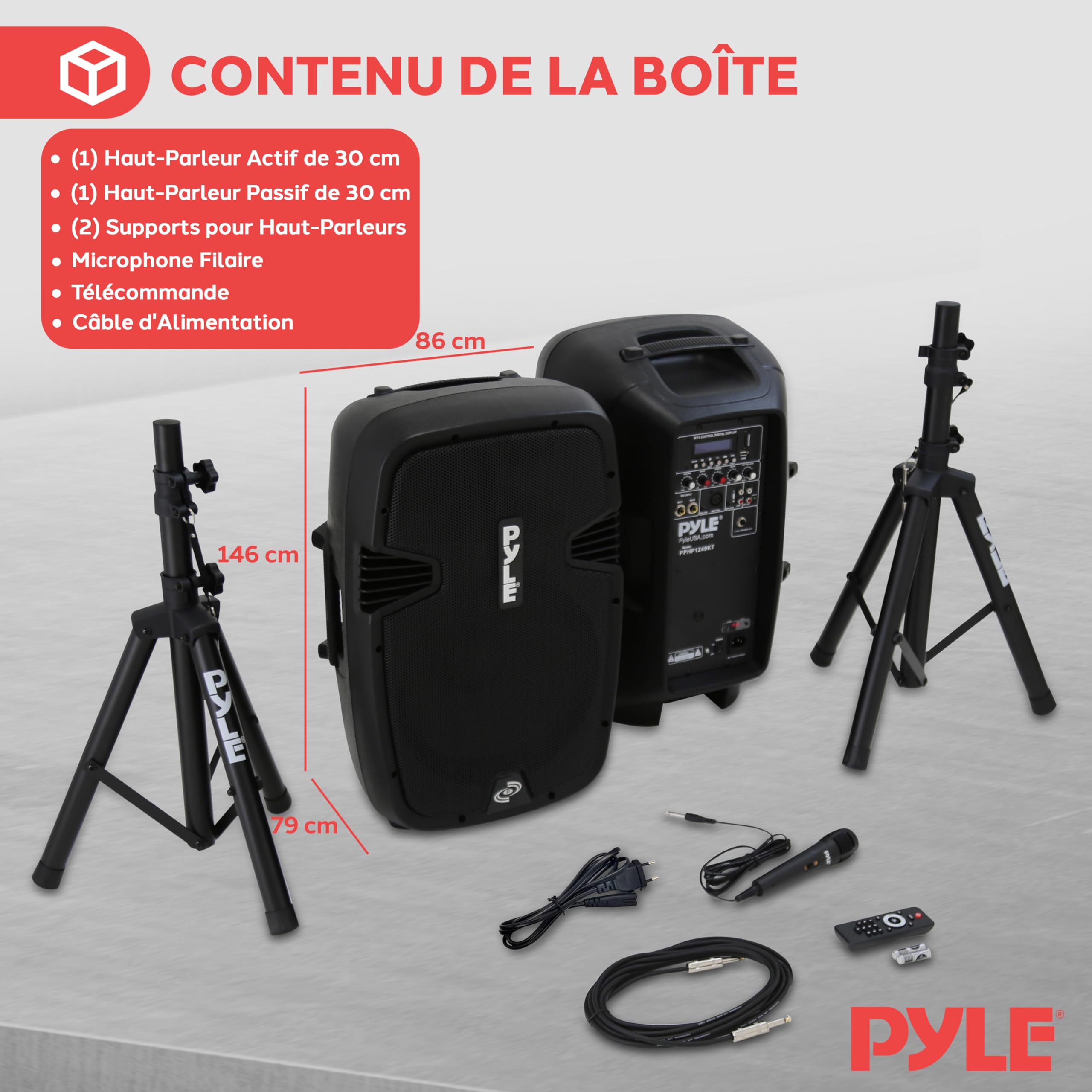 Pyle Portable PA System, 1800W Wireless Bluetooth Speaker System with Dual 12" Subwoofers, 2-Way Audio, Mic Input, SD/USB Readers, FM Radio, Remote, Tripod Stands, and Lights, for Events and Parties