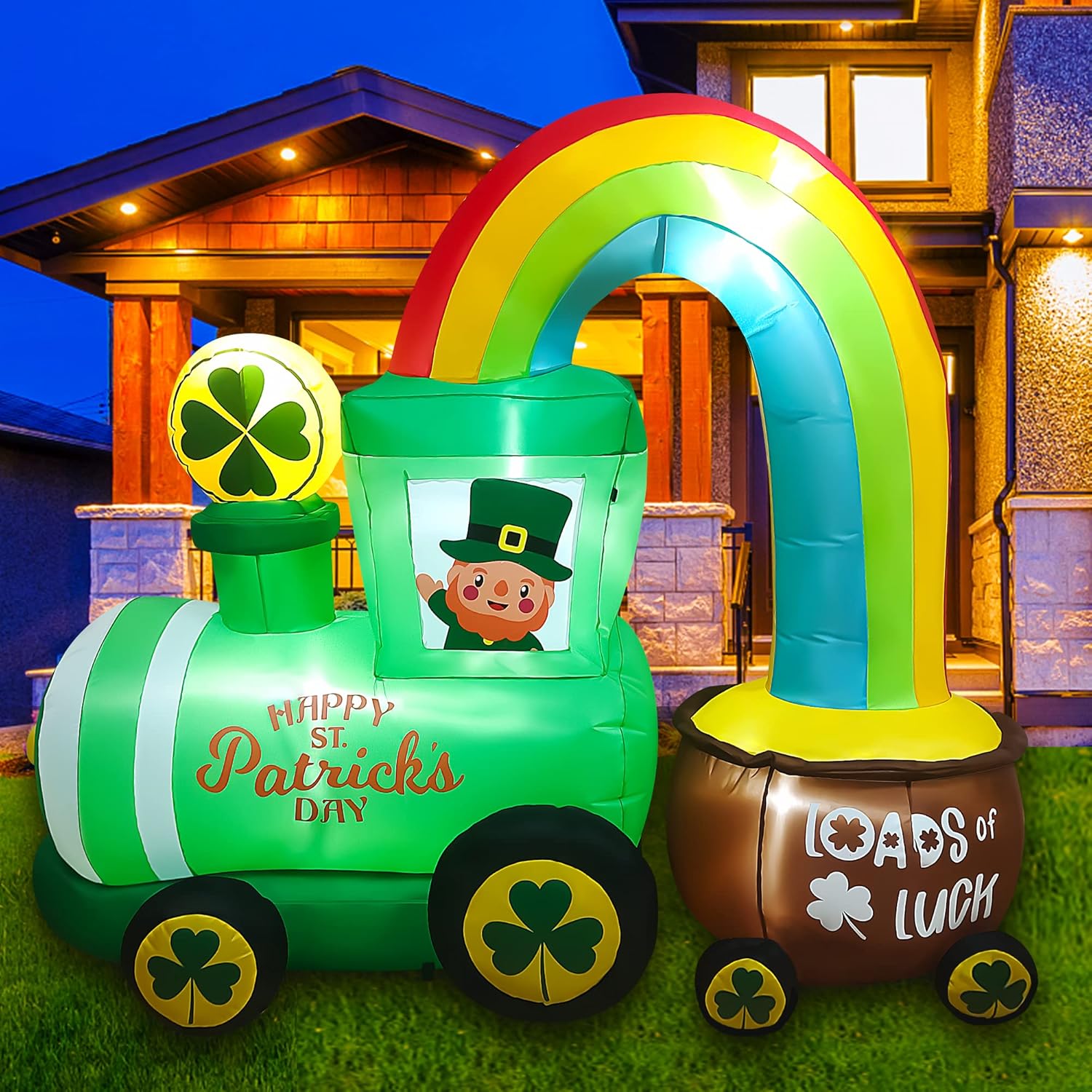 SEASONBLOW 6Ft LED Inflatable St. Patrick's Day Train with Shamrock Rainbow Pot Decoration Lighted Blow up for Home Yard Lawn Garden Indoor Outdoor