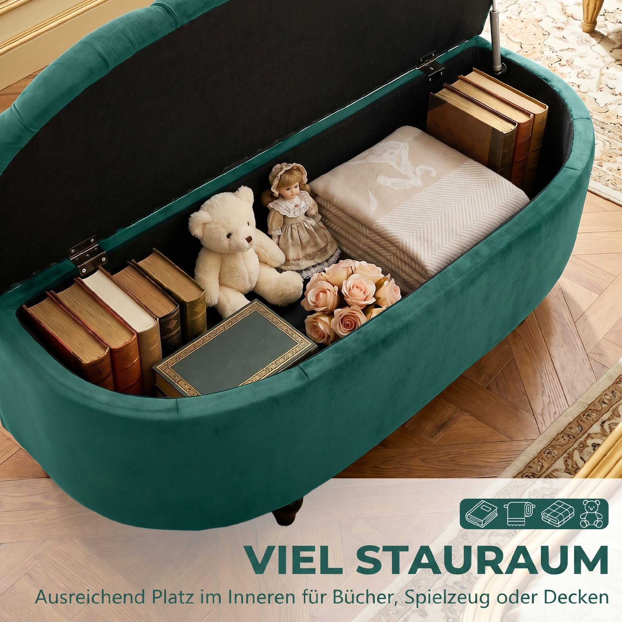 HOMCOM Sitzbank mit Stauraum Polsterbank mit Samtoptik, geöffnetem Deckel Sitztruhe mit Holzbeine, Truhenbank für Wohnzimmer Flur Schlafzimmer 120 x 46 x 42 cm Dunkelgrün