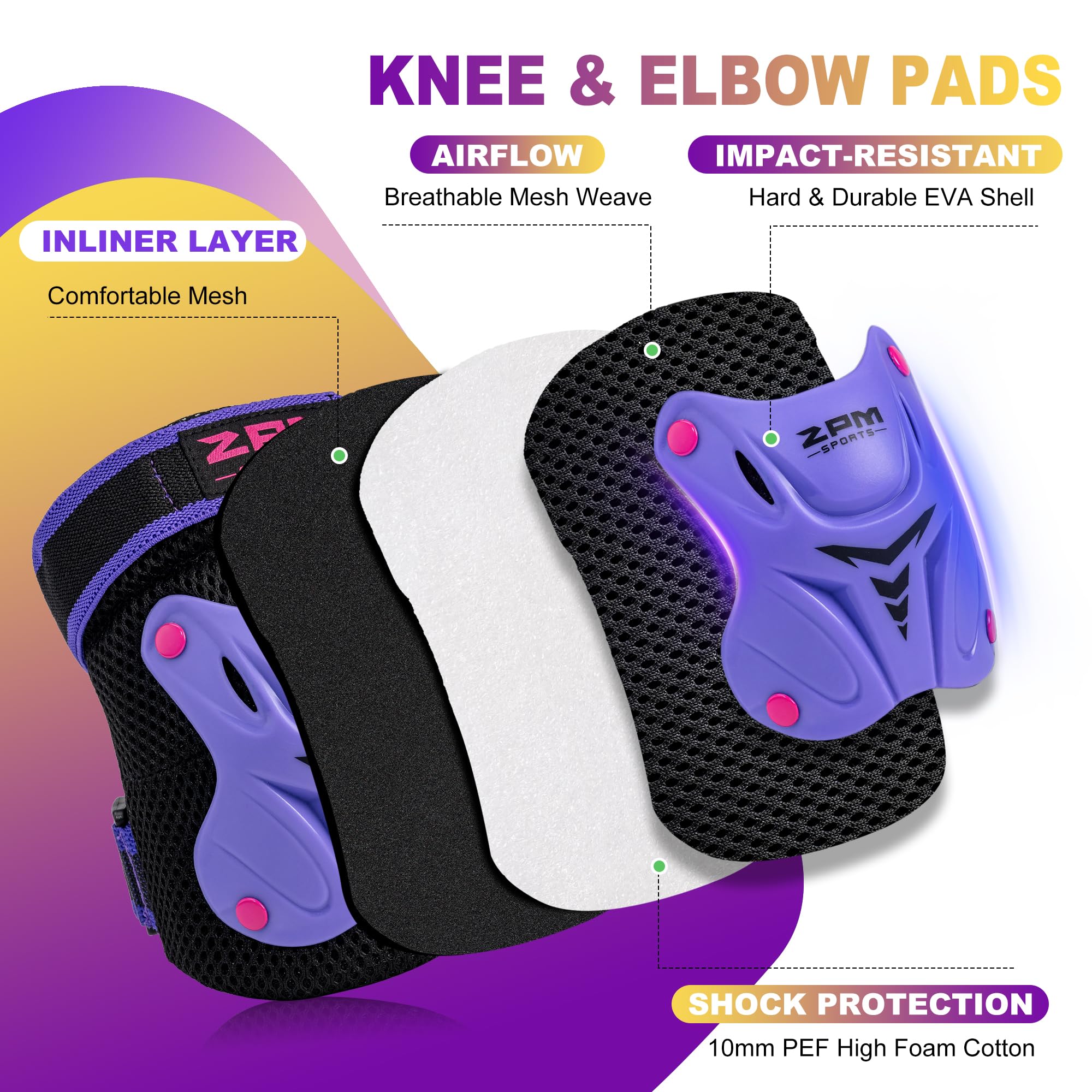 Knee Pads for Kids, Wrist Guards Knee and Elbow Pads Set with Drawstring Bag, Protective Gear Set for Girls Boys Roller Skating Cycling Skateboard - Purple Large