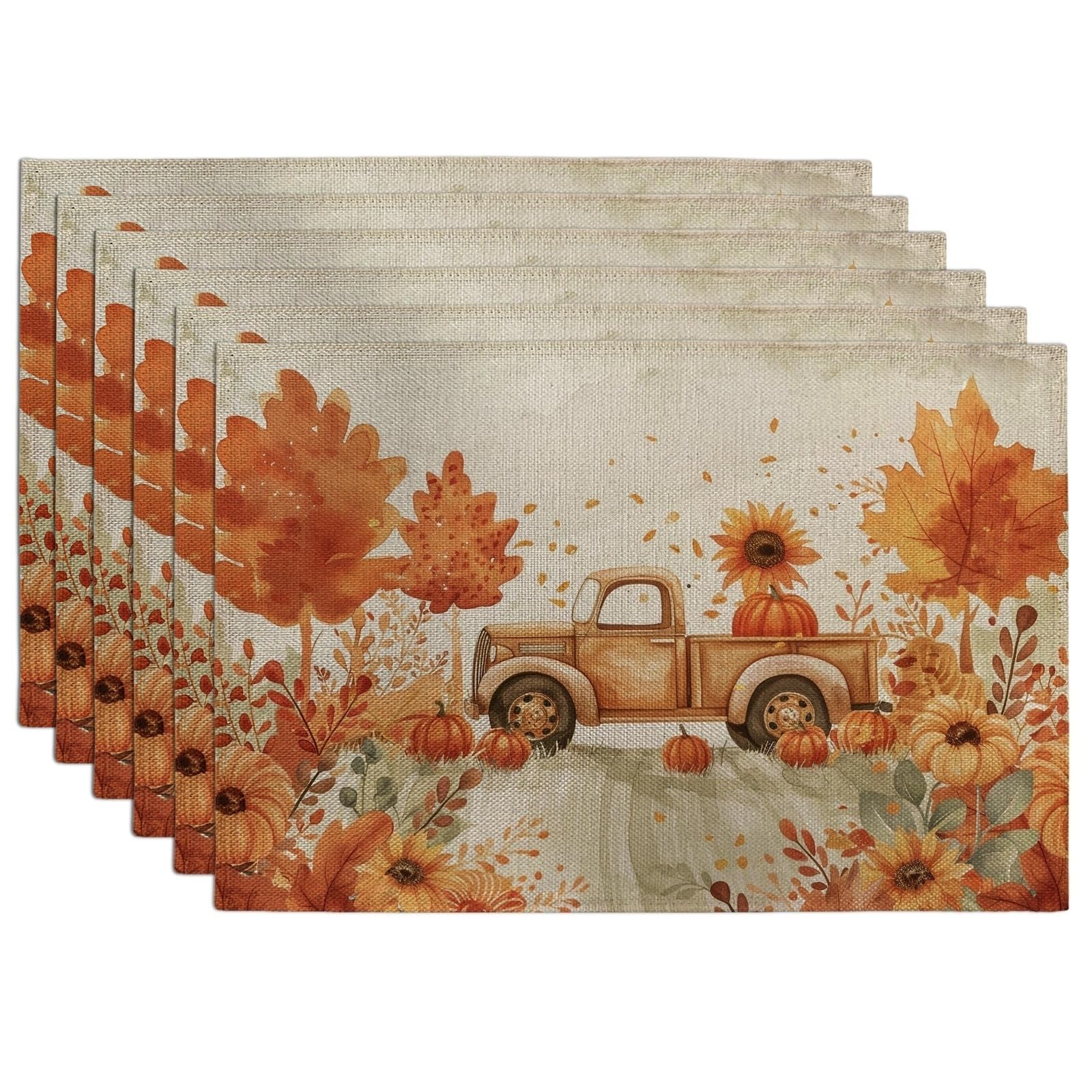 Autumn Harvest Truck Placemats, Orange Rustic Floral Table Mats for Dining, Non-Slip Washable Indoor Outdoor Party Decorative Placemat Set of 6