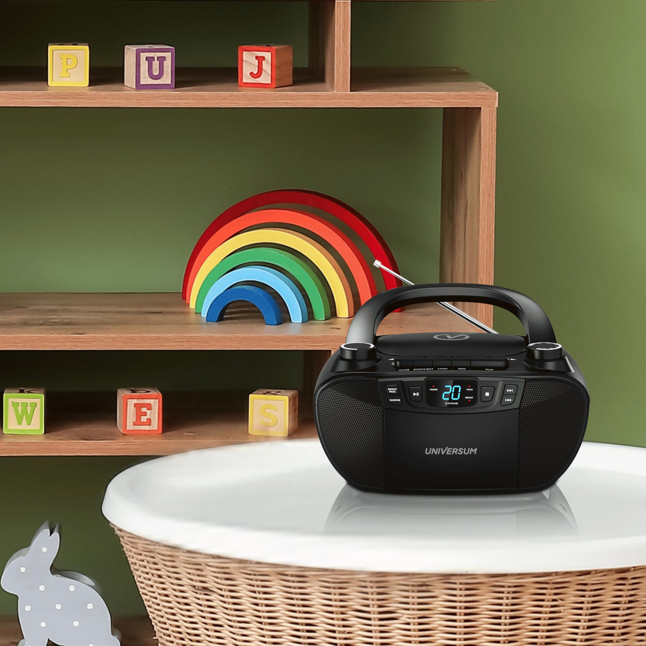 UNIVERSUM BB 200 - tragbarer CD-Player mit Radio und Kassette, Schwarz | Einfache Bedienung für Kinder & Senioren, AUX-IN, UKW Radio, Kopfhöreranschluss, Netz- & Batteriebetrieb