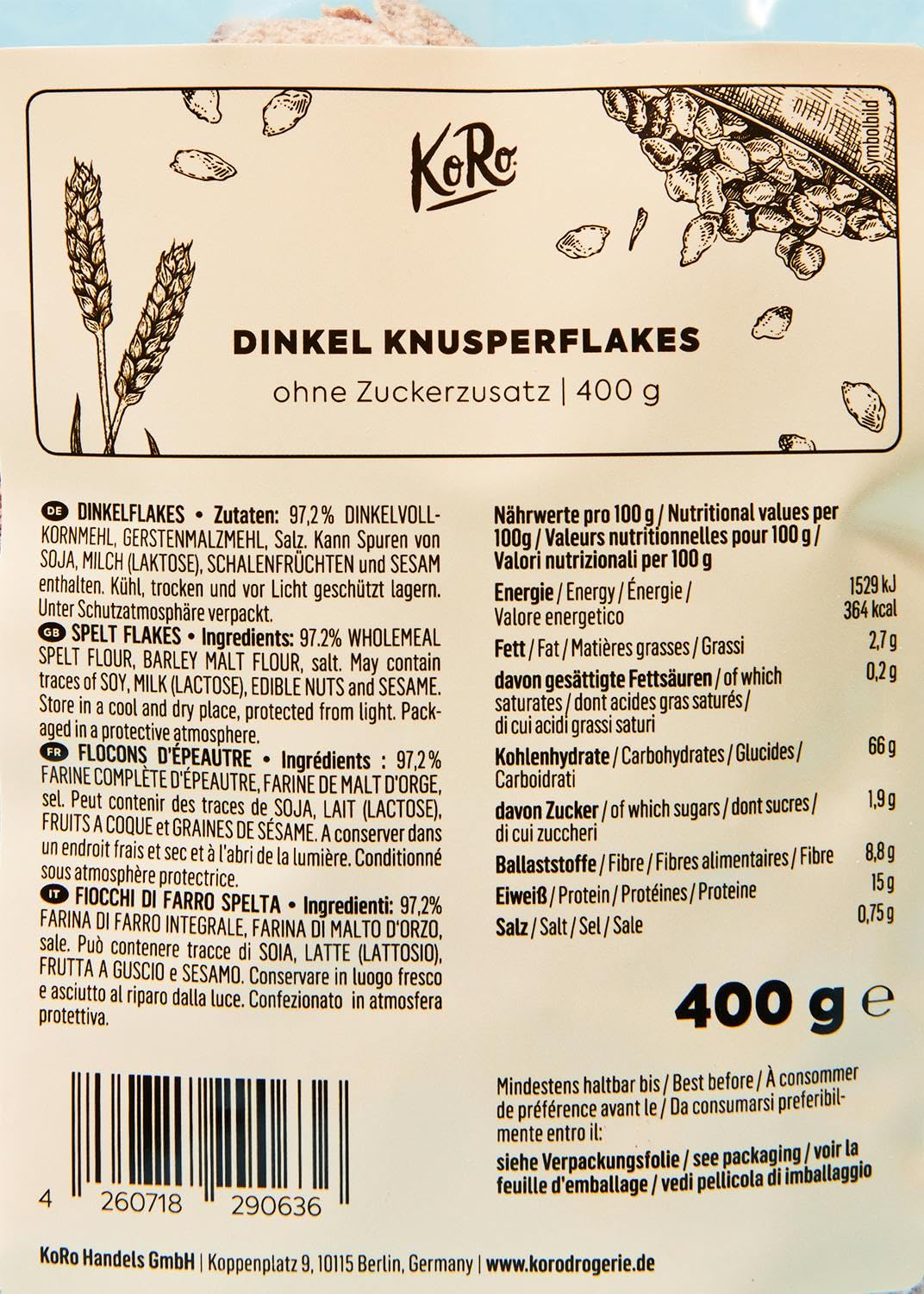 KoRo - Flocons d'épeautre sans sucre ajouté 10 x 400 g - Non sucrés - Super croustillants - Parfaits pour le muesli