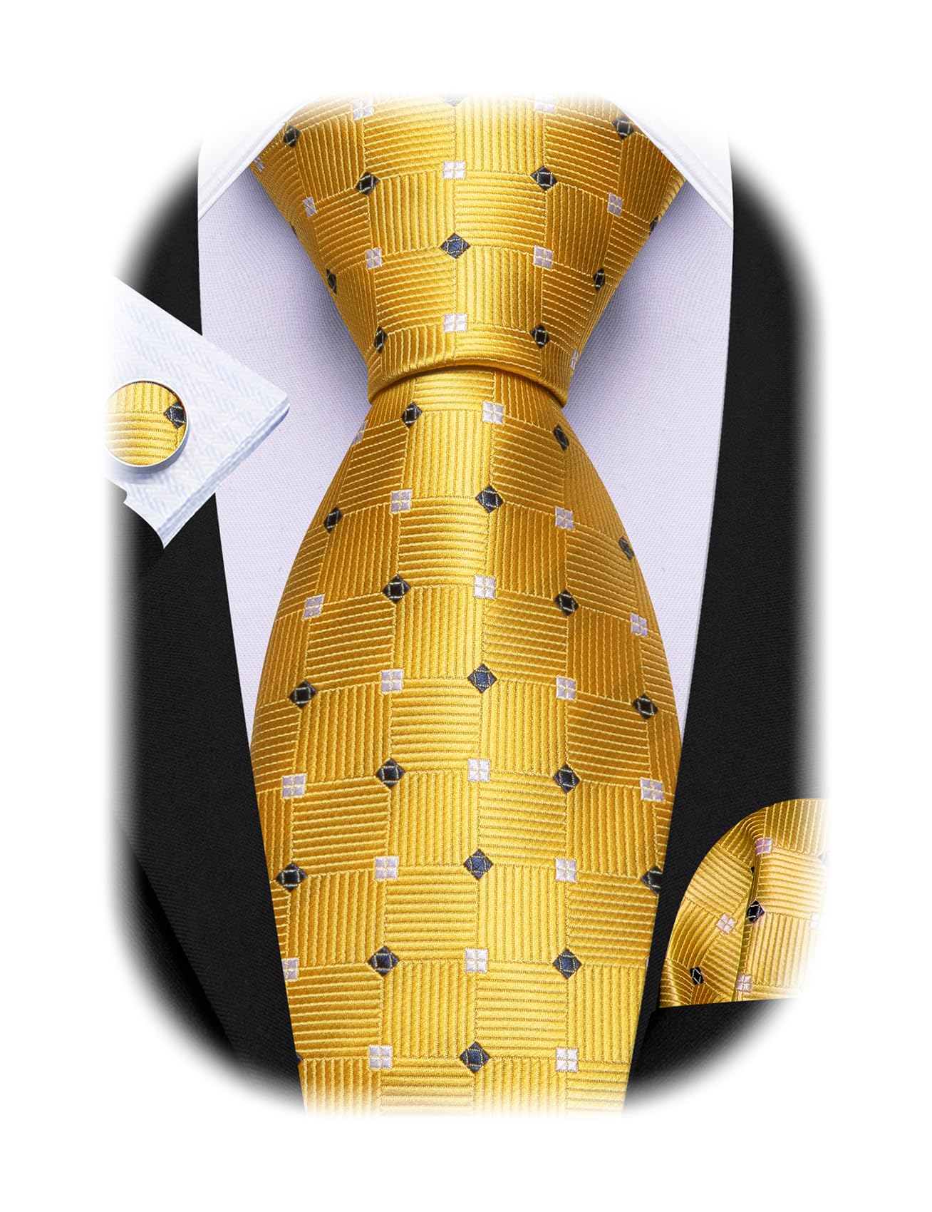 Barry.Wang Plaid Ties Check Mens Necktie Set with Handkerchief Cufflinks Classic Stripe