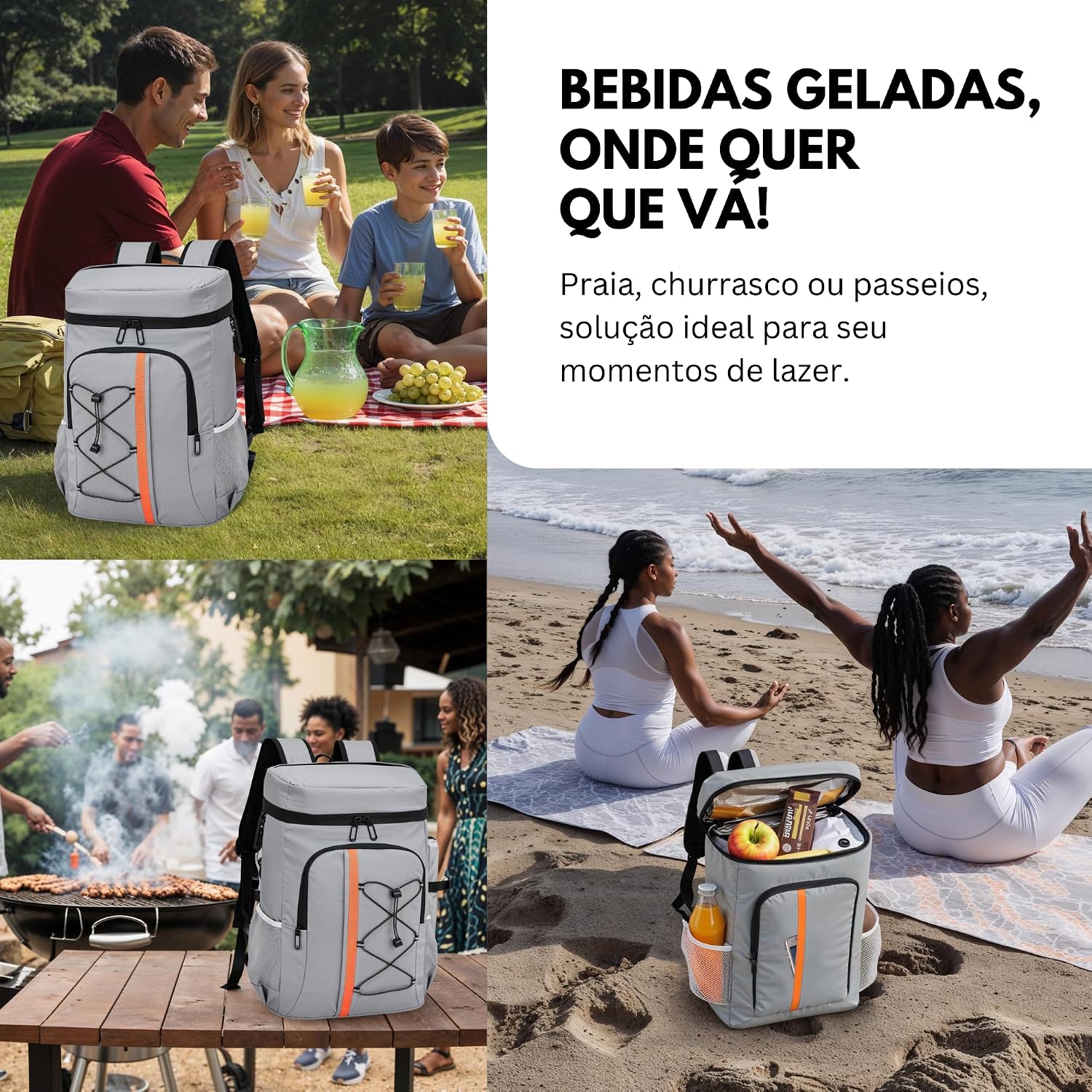 Mochila Térmica Cooler Portátil Para Praia, Churrascos, Camping, Viagens, Ar Livre – Antivazamentos, Refrigera 24 Horas, 30 Litros Capacidade, 3 Compartimentos