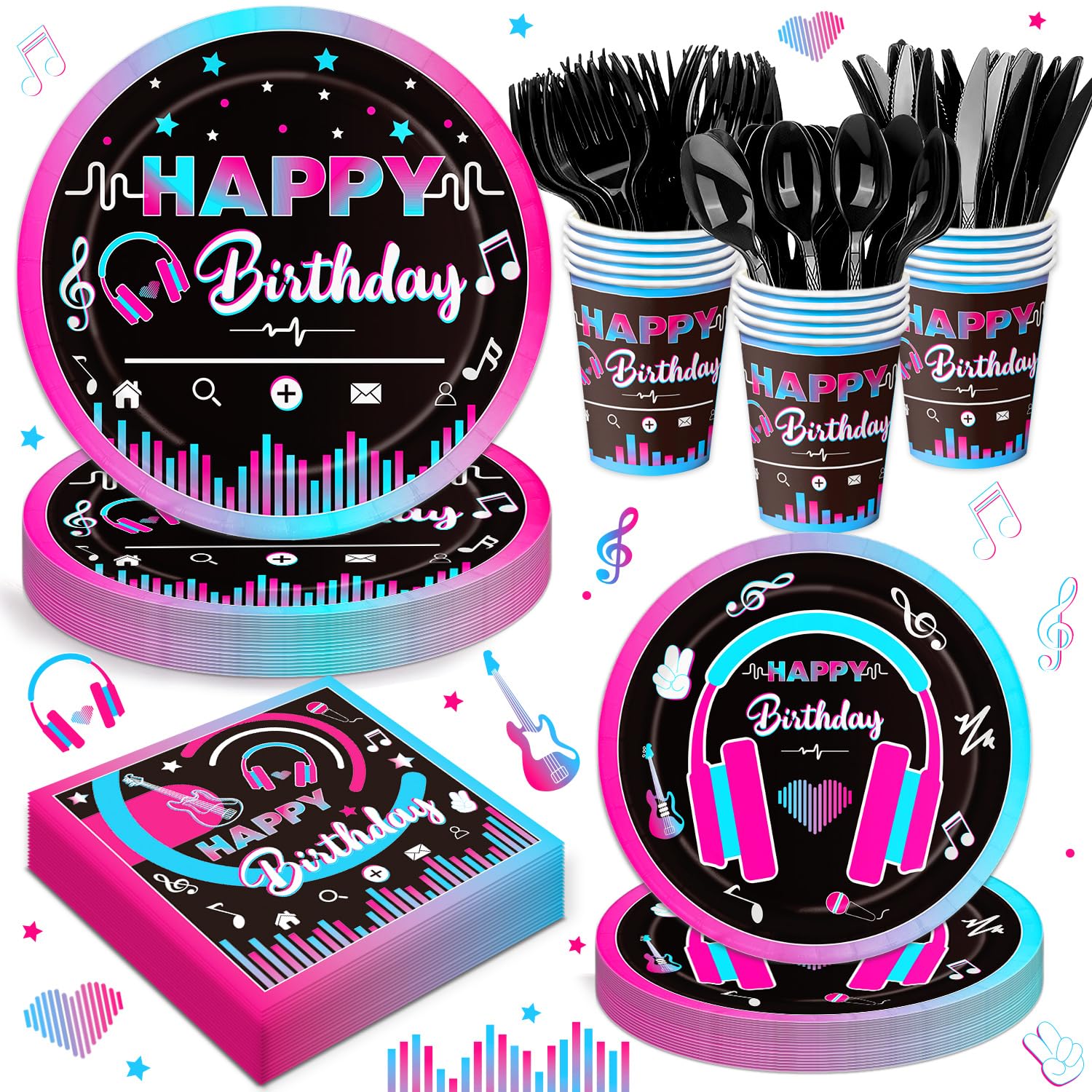 168Pcs Music Party Supplies Tableware Set Disposable Paper Plates Napkins Cups Cutlery for Music Party Theme Birthday Decorations, Serve 24 Guests