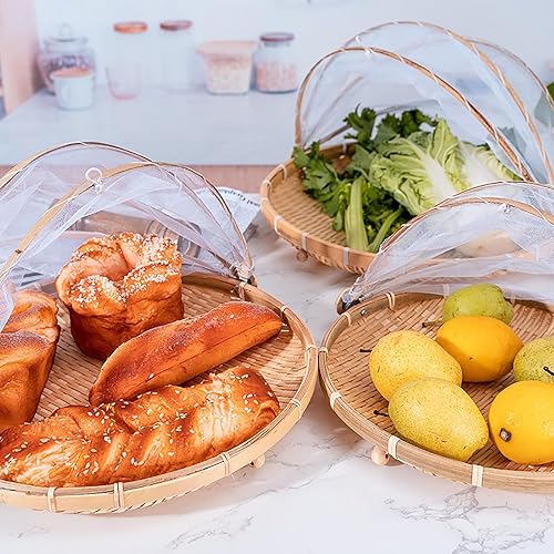 Miniatura 6 de Cesta de bambú para servir alimentos con cubierta, cesta redonda de bambú tejida a mano para pan y frutas con cubierta de malla retráctil para