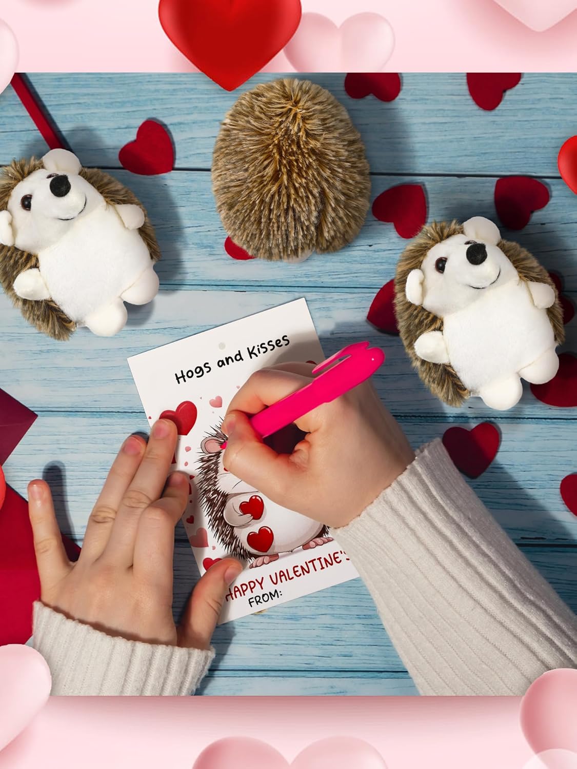 24 Sets Valentines Day Gifts Mini Hedgehog Stuffs Bulk with Hedgehog Themed Cards Animal Plush Stuffed Keychain Friends Exchange Prizes Valentine Party Favors