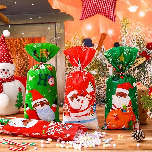 Miniatura 5 de Spiareal 120 bolsas de celofán de Navidad de Papá Noel afroamericano, bolsas de dulces con lazos, suministros de decoración de fiesta de cumpleaños