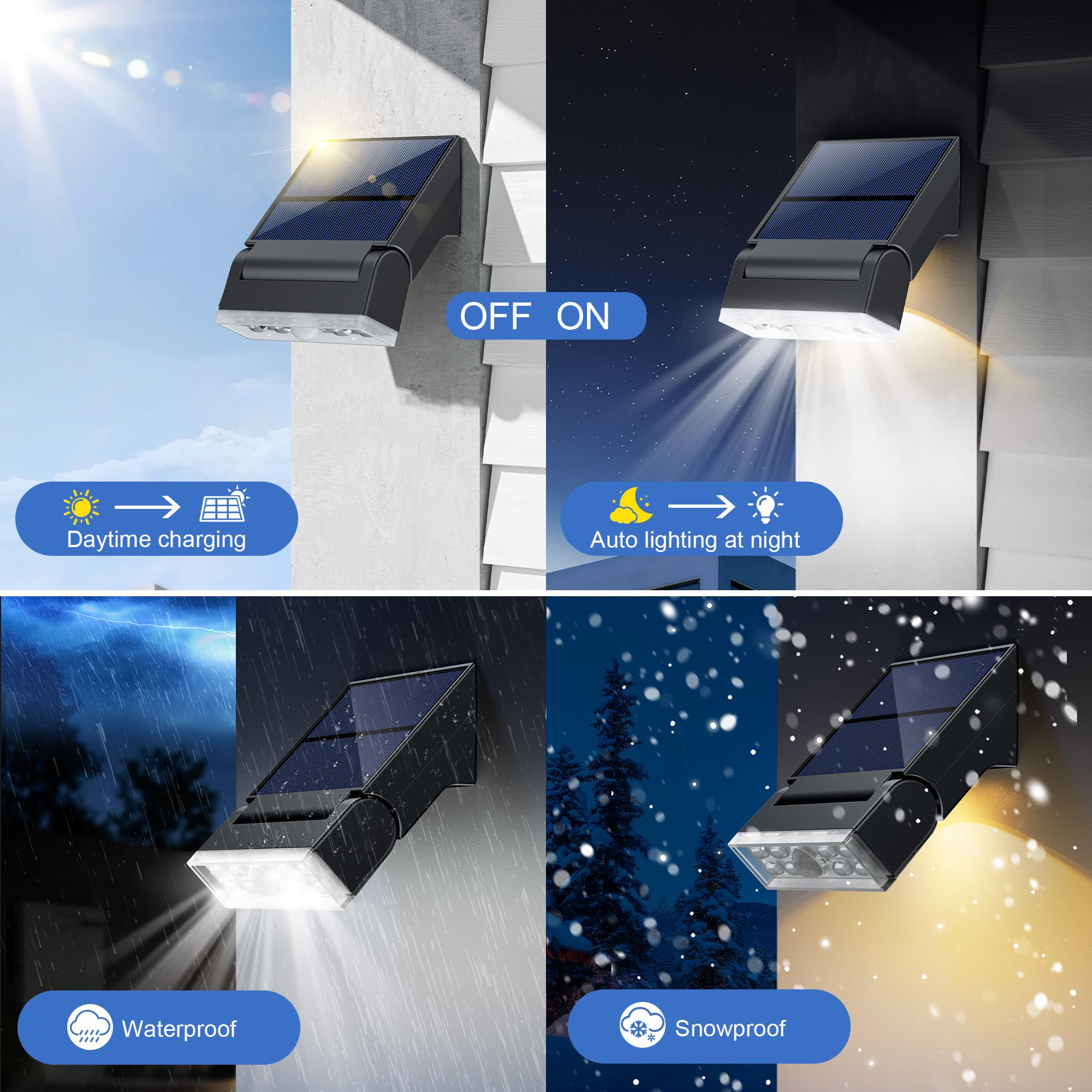Luz Solar Exterior, 2 Paquete 90° Ajustable IP65 Impermeable Súper Brillante Foco Potente con Sensor de Movimiento, Lampara Solar para Jardín Garaje Patio