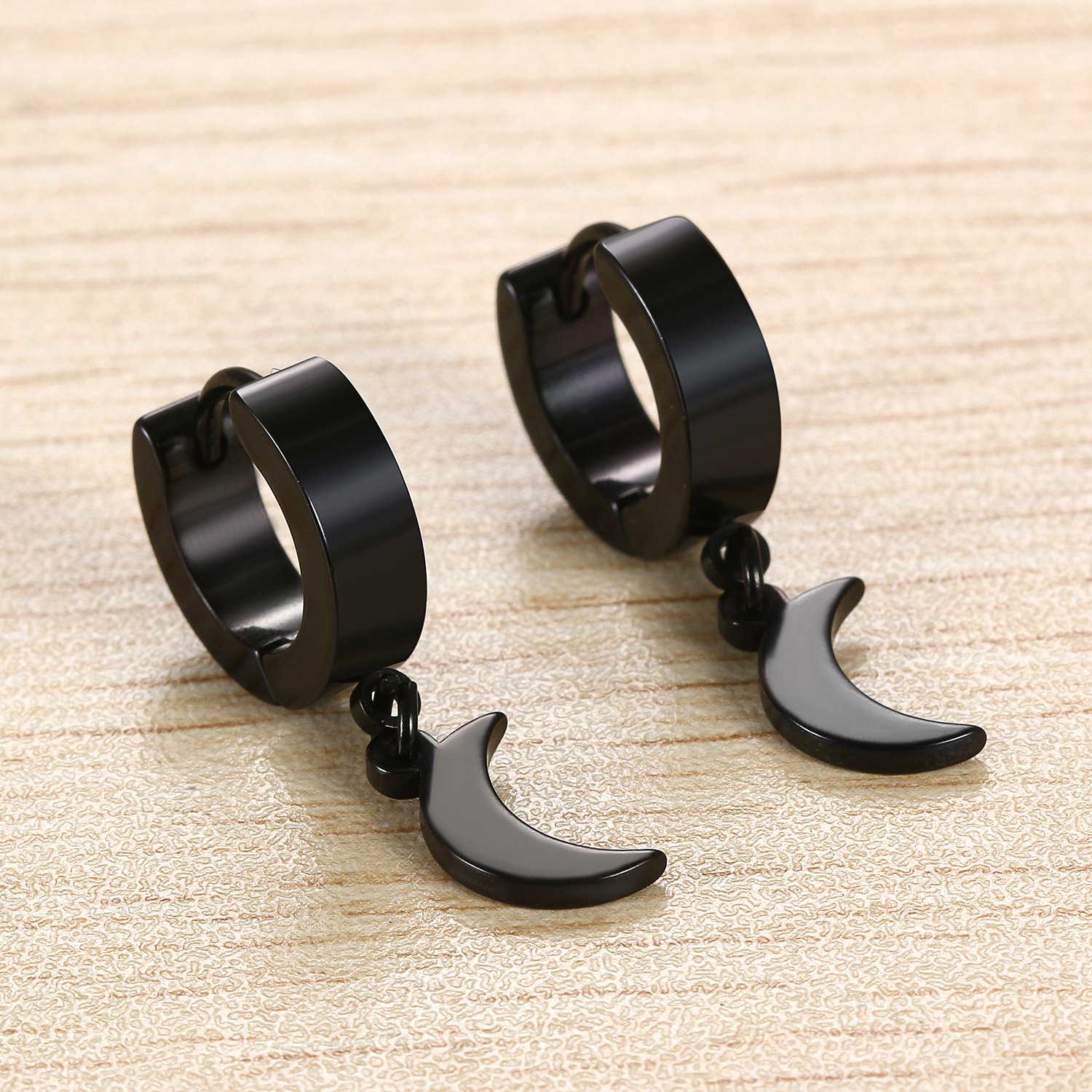 Aretes de aro colgantes de acero inoxidable con luna negra para hombres y mujeres, Acero inoxidable, No es una piedra preciosa 2