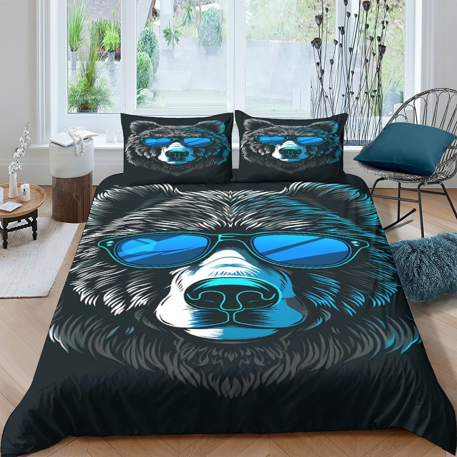 Ctjqhvkz Style-5 3D Printed Cool Bear Fitted Sheet Microfiber Soft Black Animal Sunglasses Bed Cover For Bedroom Dorm Mattress Protection Decor Single（135X200cm）