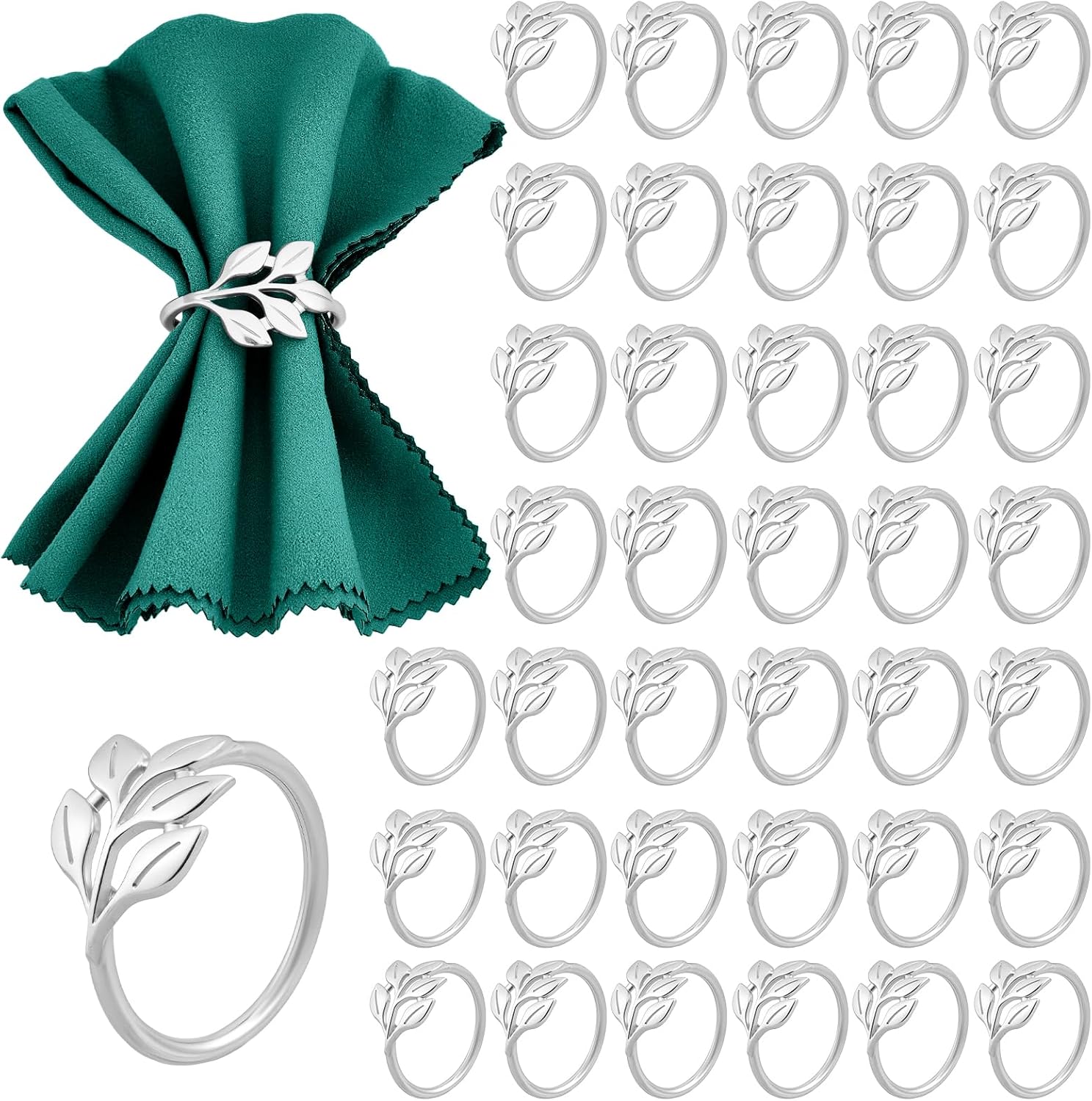 Peacoblue 60Pcs Sliver Leaf Napkin Rings Holders Modern Stainless Steel Napkin Ring Holders for Table Decor Settings, Vintage Napkin Ring for Wedding Christmas Thanksgiving Day Party