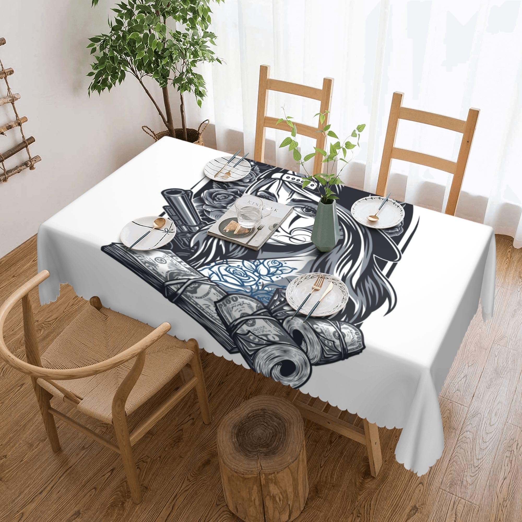 Skull Girl Horror Rose Cash Cap Tablecloths Polyester Table Cloth for Kitchen Dinning Table Washable Table Cover for Parties Wedding Picnic 54x72in