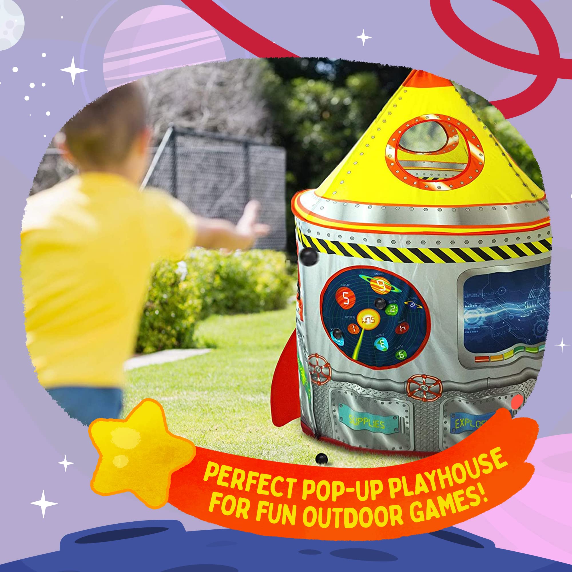 Playz 5-in-1 Rocket Ship Play Tent for Kids with Dart Board, Tic Tac Toe, Maze Game, & Immersive Floor - Indoor & Outdoor Popup Playhouse Set for Toddler, Baby, & Children Birthday Gifts