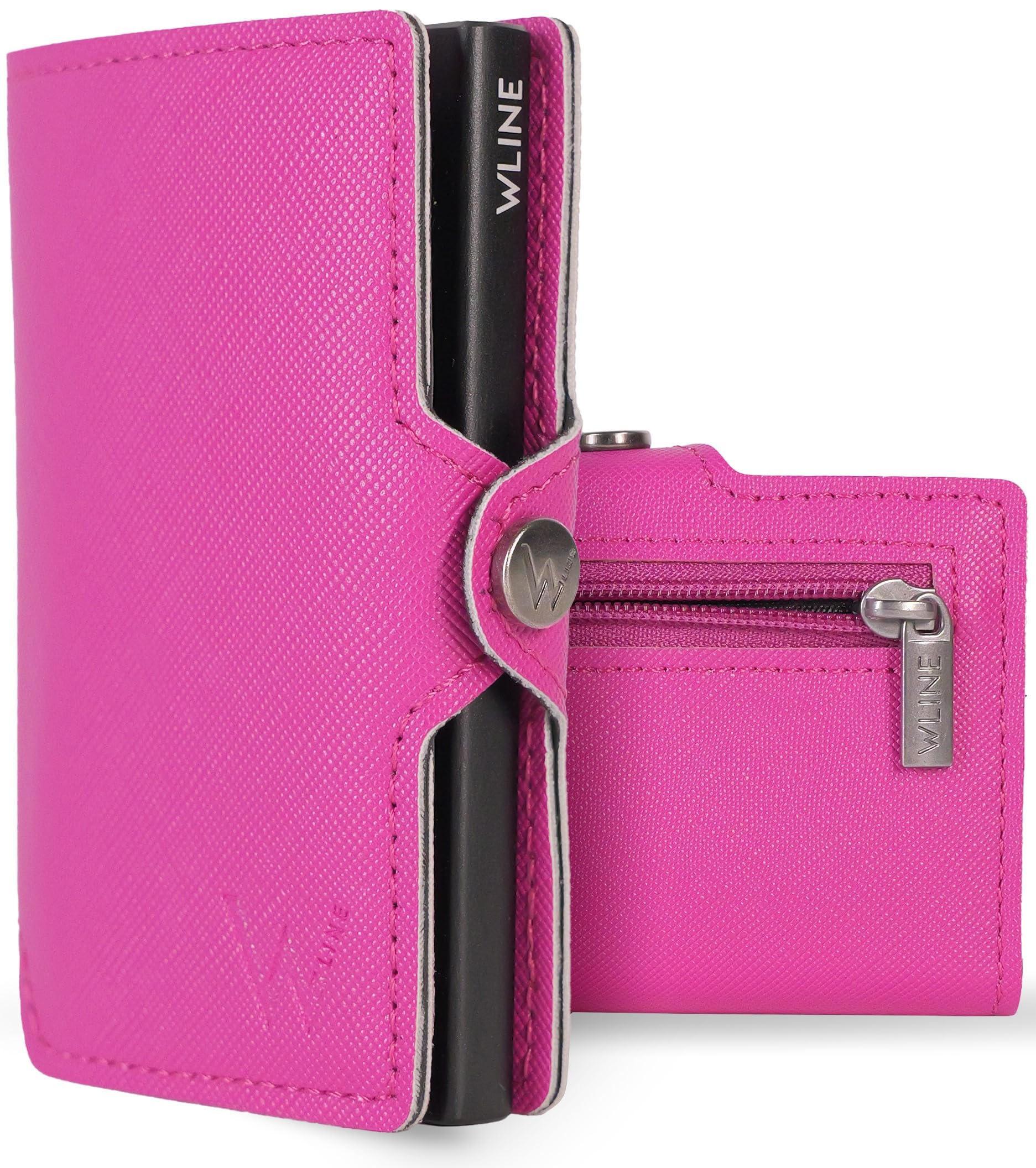 WLine Portafoglio Donna Piccolo con Portamonete Rfid Compatto ed Elegante - Porta Carte di Credito Donna e Uomo Schermato in Pelle PU - Portatessere Tascabile (Fucsia e Nero Saffiano, Con Zip)