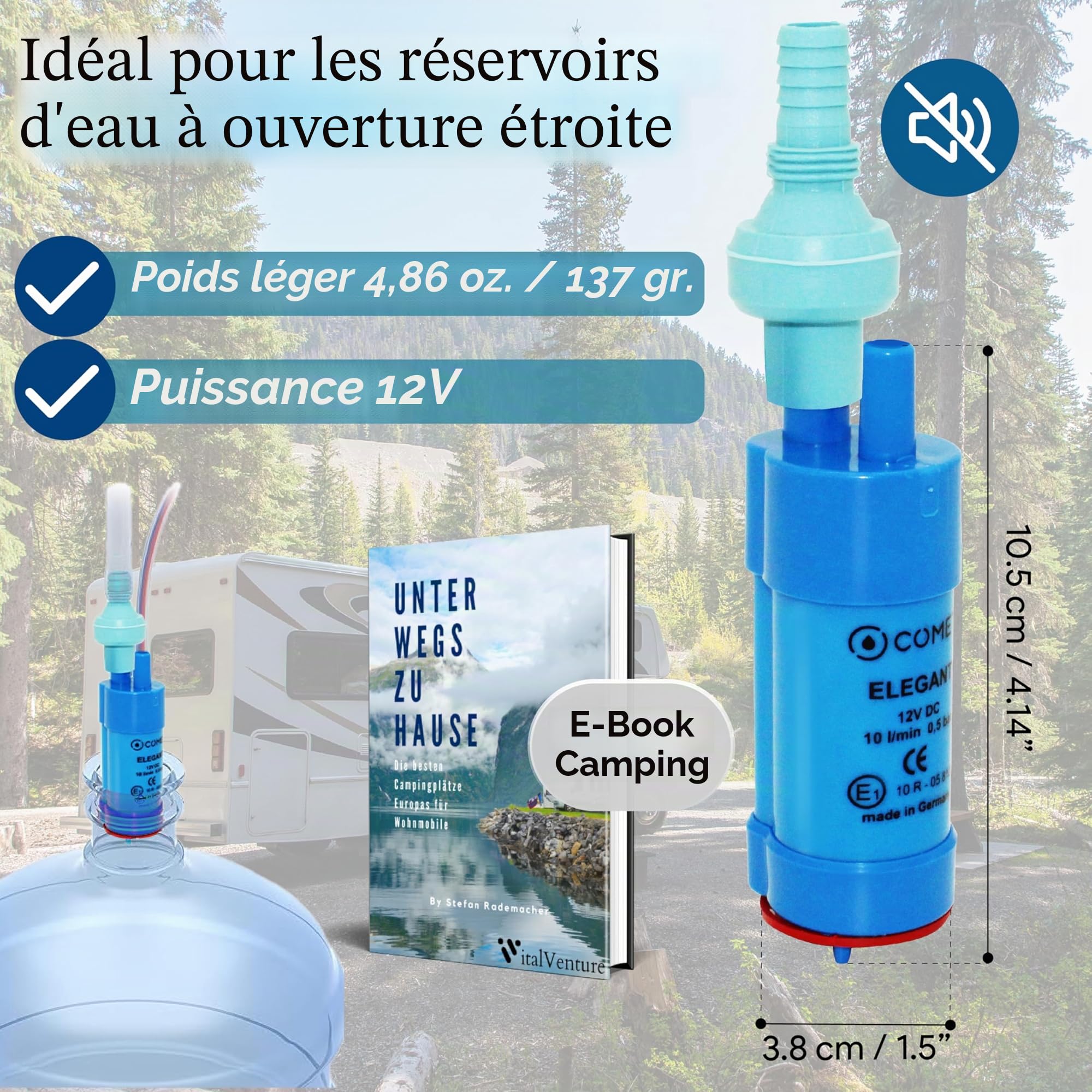 Comet Elegant Pompe à eau 12 V avec clapet anti-retour (fixe) + filtre – Kit avec ebook de camping – Pour camping-car, caravane, pompe submersible