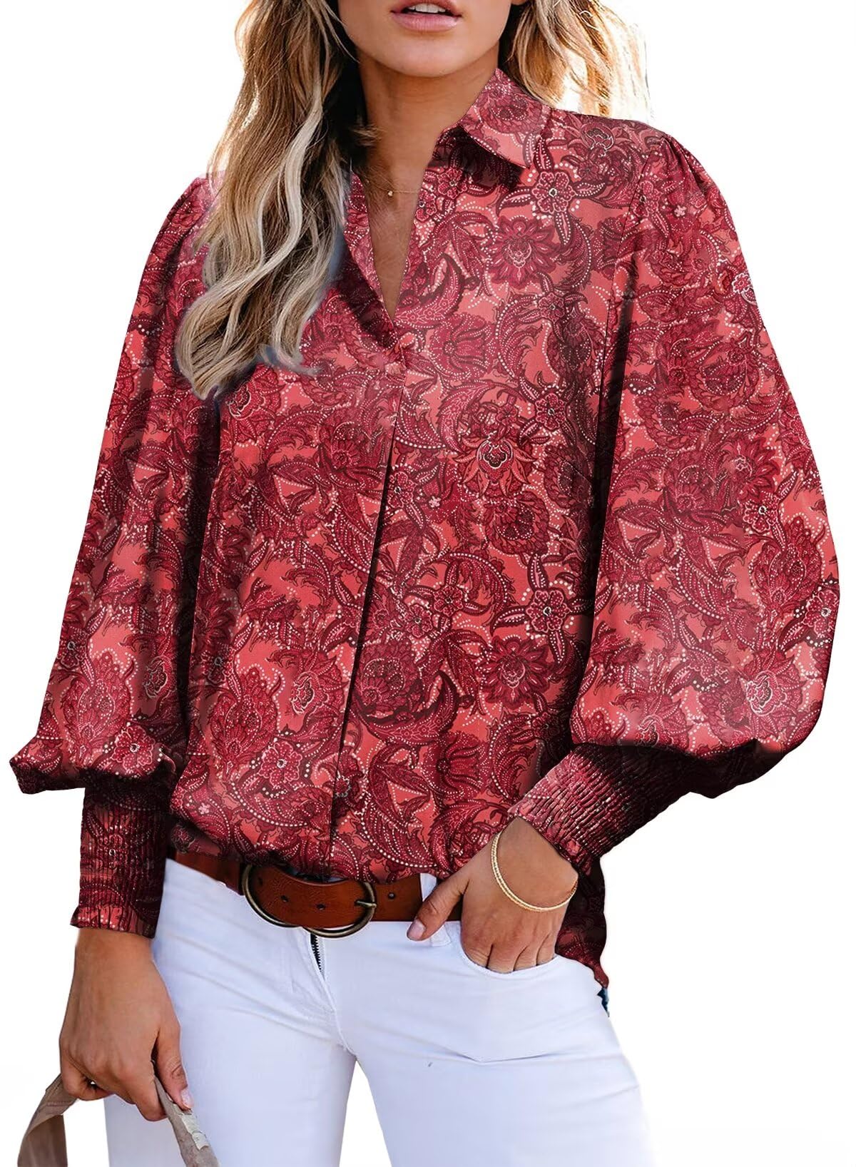 Astylish Womens Loose V Neck Oversized Shirts Paisley Print Lantern Sleeve Blouse Dressy Casual Boho Flowy Bottom Down Tops