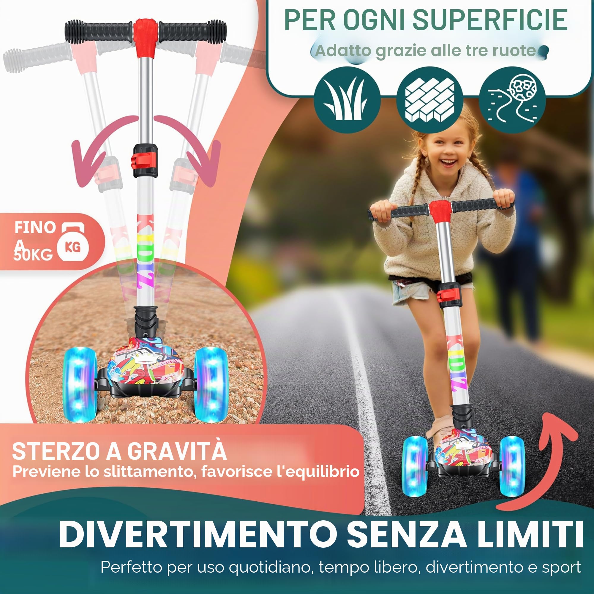KIDIZ® Scooter Scooter per bambini X-Pro2 Triciclo Scooter con ruote luminose a LED in PU Scooter a pedali pieghevole Scooter da città regolabile in altezza Scooter per bambini ragazze 3-12 anni