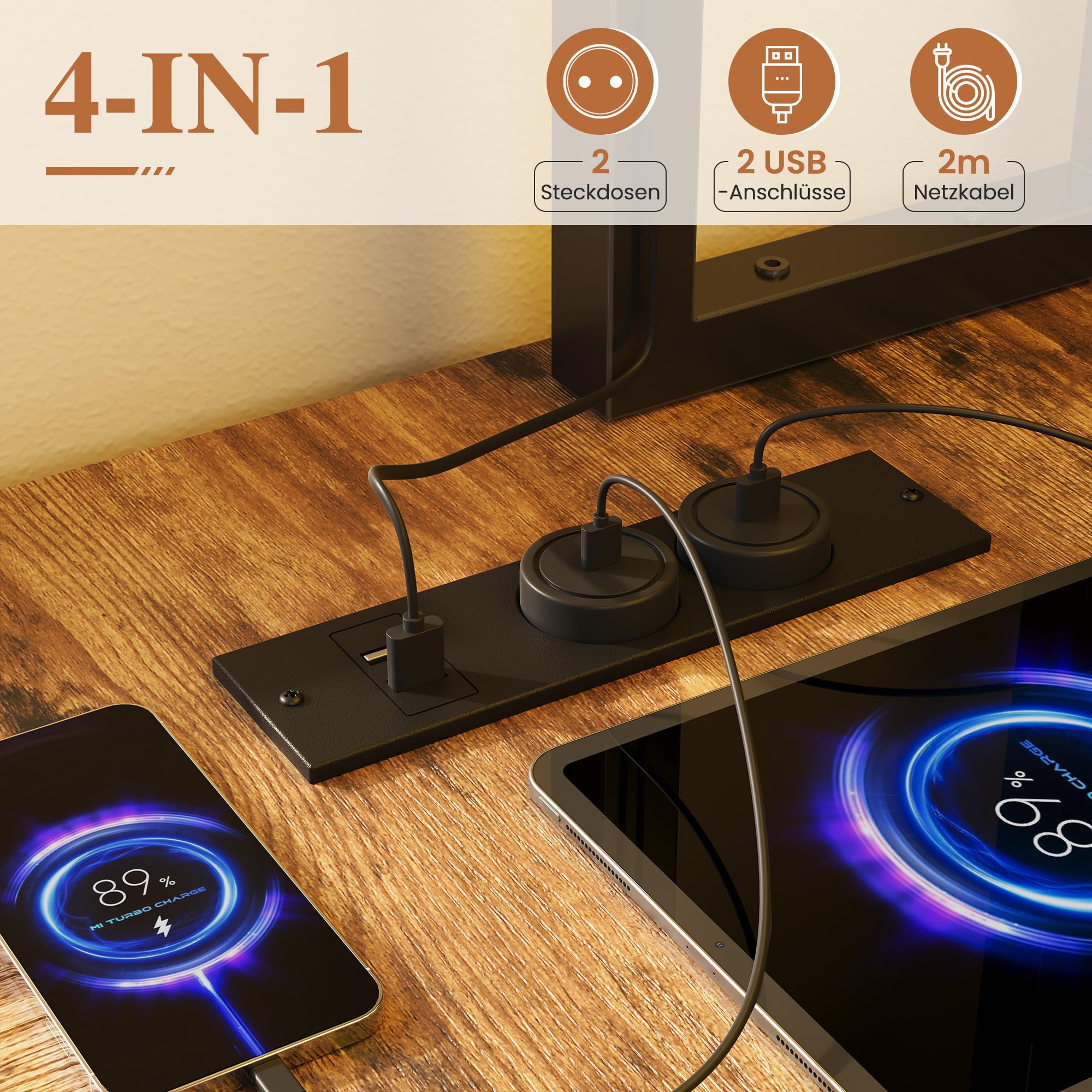 YOUDENOVA L Form Schreibtisch Reversibel, Gaming Tisch mit LED, Steckdosen & USB, Eckschreibtisch mit Regal & Lochwand, 3 Schubladen Computertisch für Büro Wohnzimmer Homeoffice Gaming 135x100 Braun