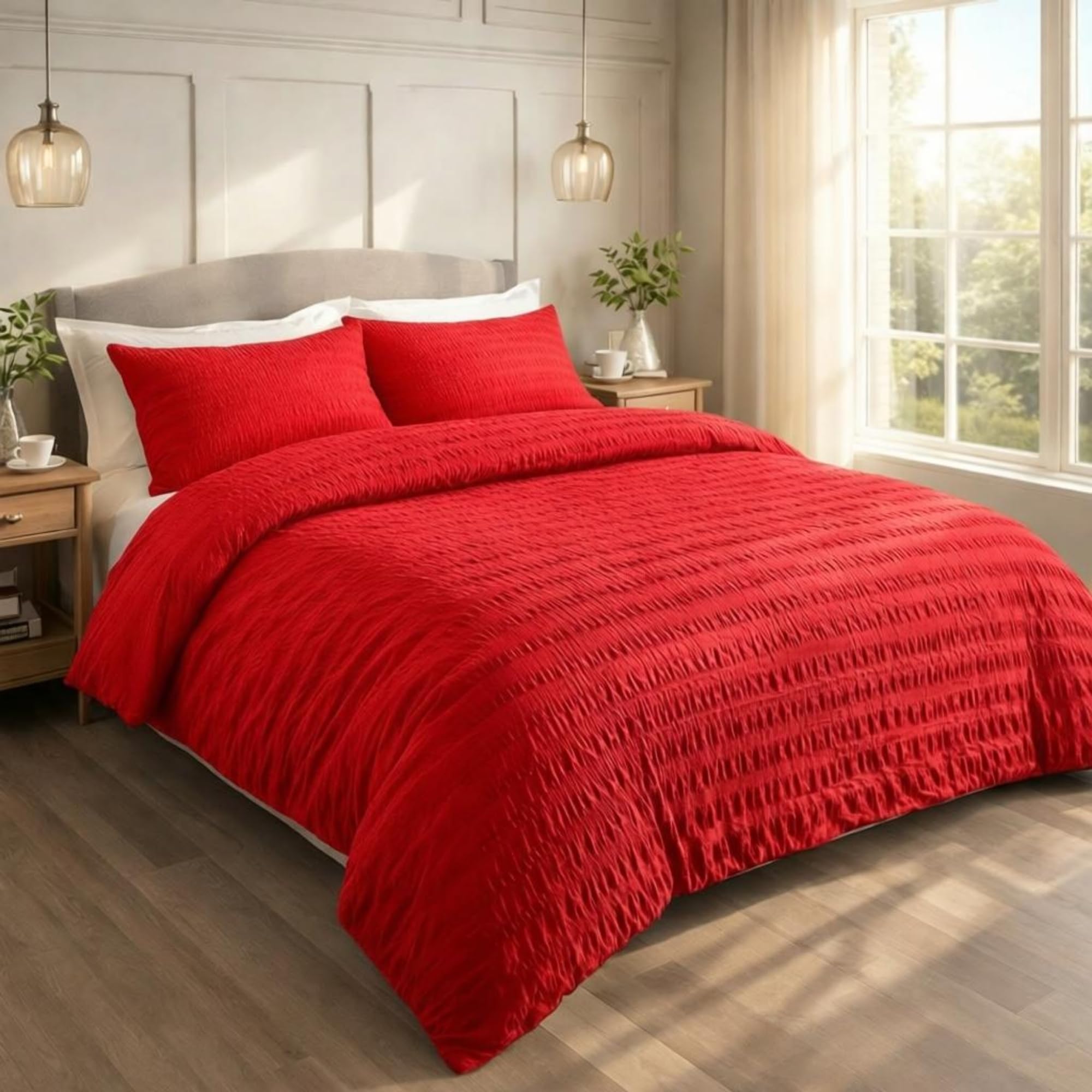 Seersucker Single Duvet Cover Set Red with Pillowcase, Ultra Soft Brushed Microfiber Bedding Set, Breathable, Easy Care, Machine Washable Quilt Cover, Wrinkle Resistant
