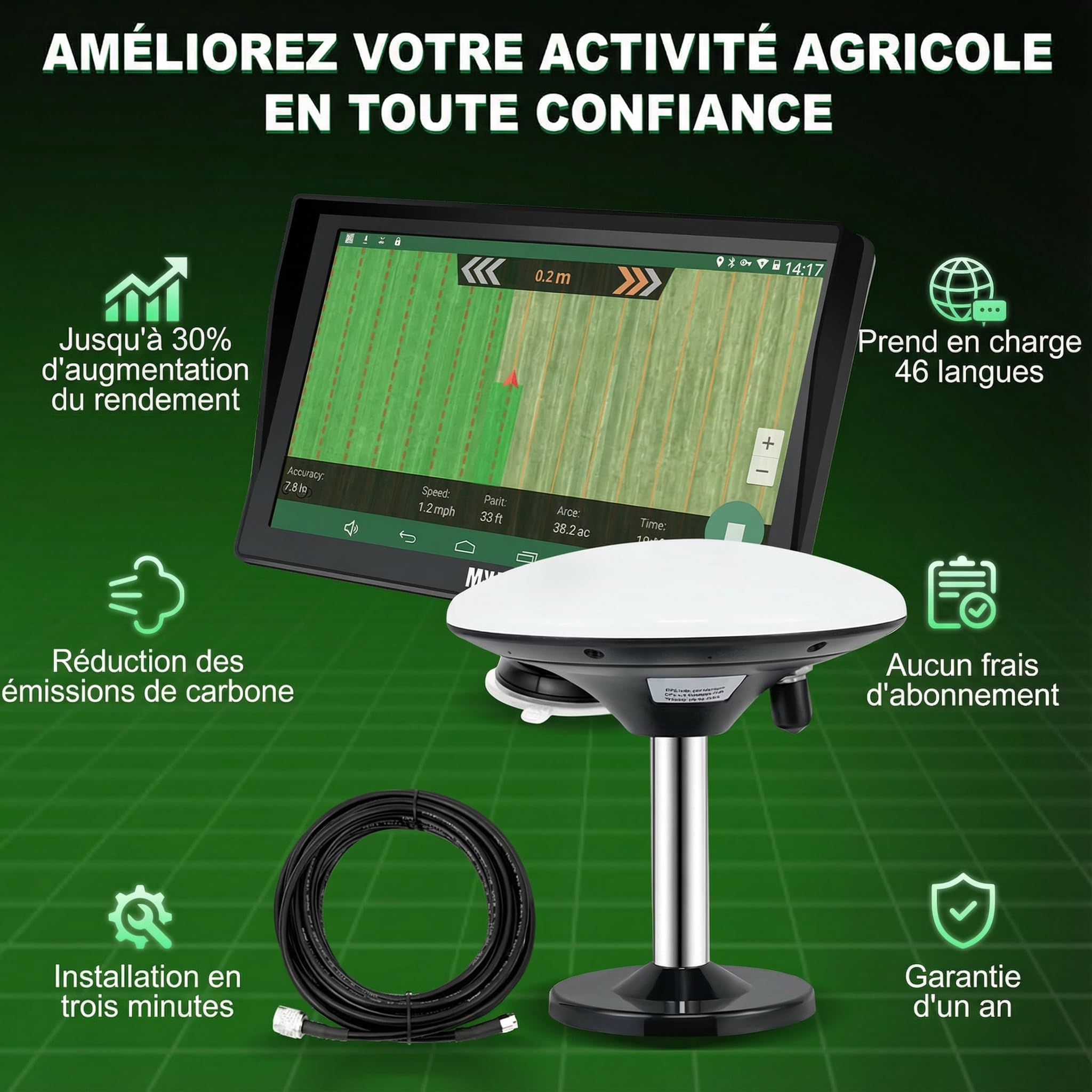 Navigateur GPS pour Tracteur pour l’Agriculture de Précision, Navigateur Agricole GNSS avec Écran Tactile de 9", Adapté à la Pulvérisation, au Labour et au Semis, Positionnement Automatique