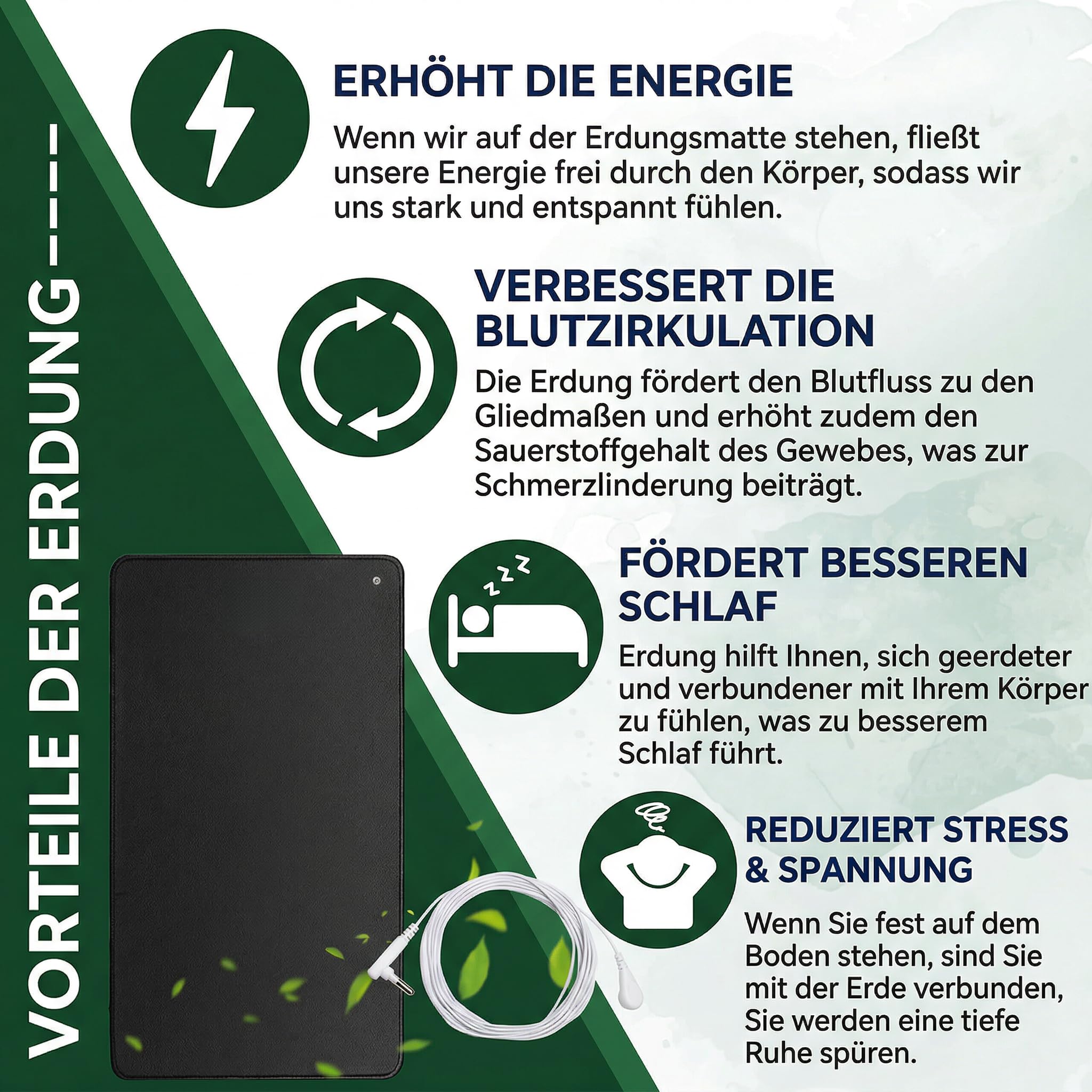 elvari erdungsmatte, Erdungsmatte 60x40cm mit 4m Erdungskabel 100kΩ Widerstand CE 10A geprüft leitfähige Carbon PU Oberfläche Kautschukunterseite EU Adapter Grounding Matte für Büro Bett Sofa
