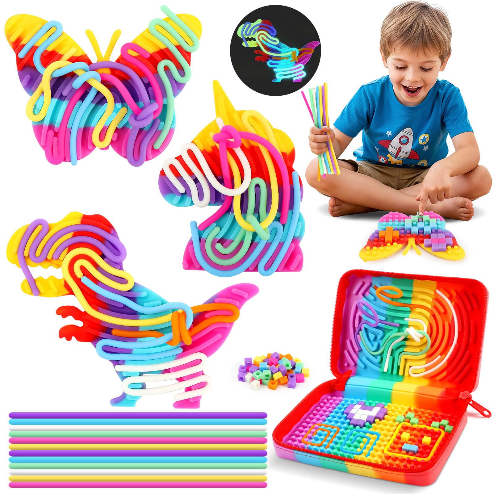 JONRRYIN Silicone Sensory Activity Board, 3 Giocattolo Sensoriale Fidget Toys in Silicone per ADHD, Autismo, Antistress, Ansia, Regali per Bambini di 3 Anni e Adulti con Borsa da Viaggio e 20 Corde