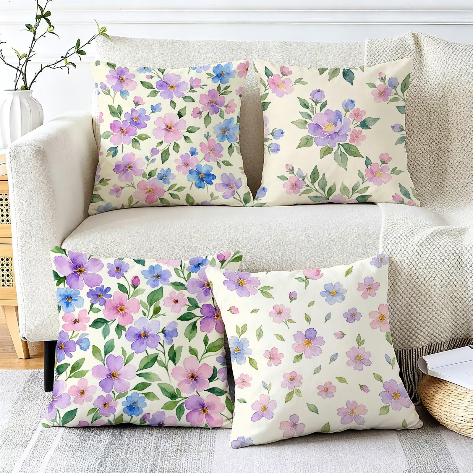 Viola Federe Cuscini Divano 65x65cm, Cuscini da Esterno Set de 4, Cod-100 | Velour Copricuscini Decorativi Letto Arredo, per Letto, Soggiorno, Giardino, Esterno, Casa Decorazione Set di 4 Fiore