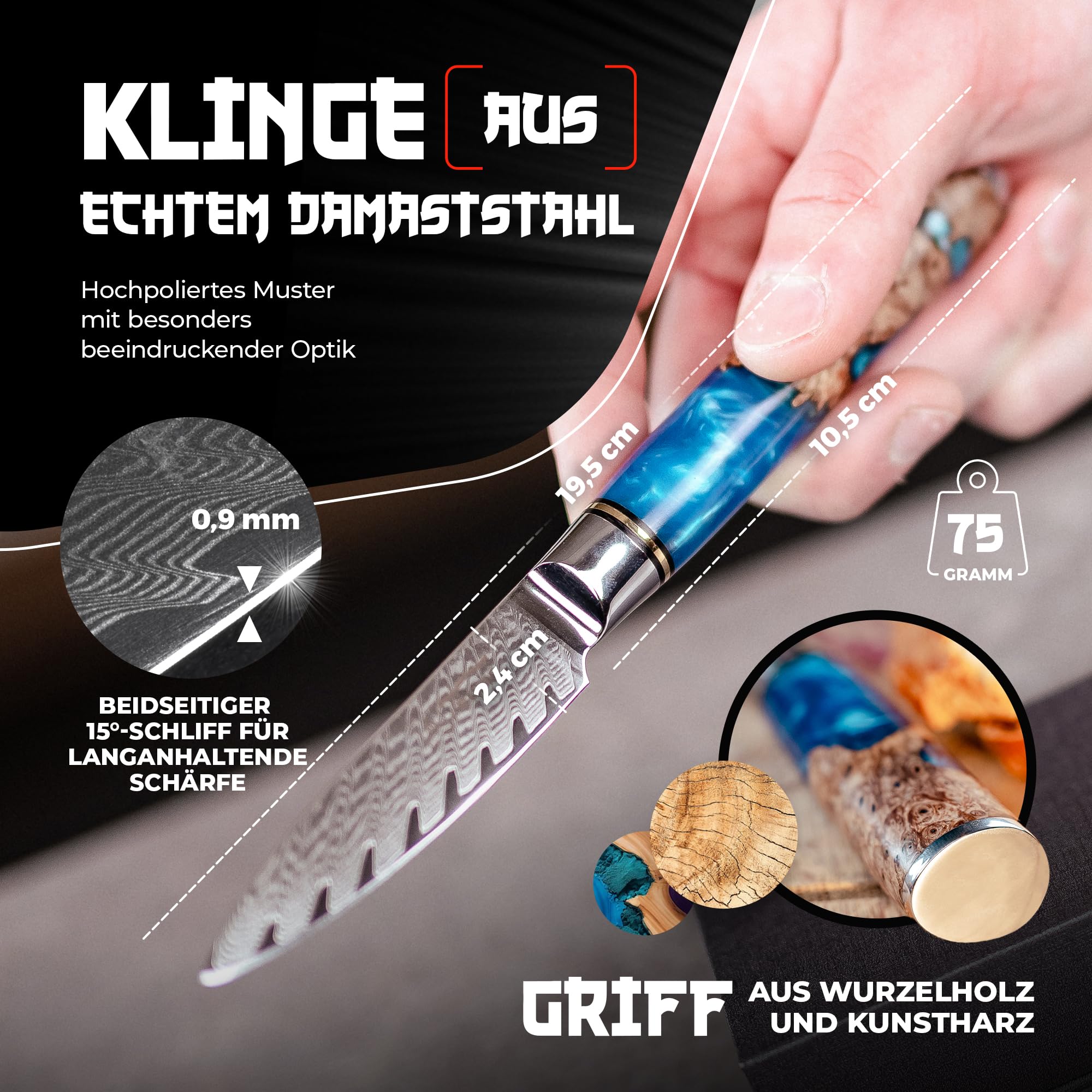 Tsume Schälmesser Saphir, Klingenlänge 9cm, Echtes Damast Küchenmesser, 67 Schichten VG10 Edelstahlkern mit blauem und weißen Kunstharz und Holz Handgriff, Rasiermesserscharf