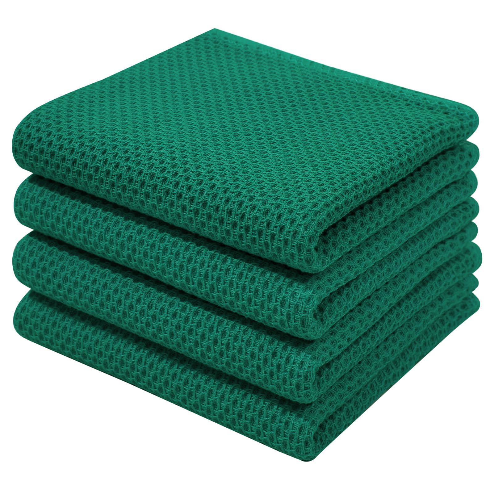 Homaxy 100% Cotton Waffle Weave Kitchen Dish Towels, Ultra Soft Absorbent Quick Drying Cleaning Towel, 13 x 28 Inches, 4-Pack, Dark Green