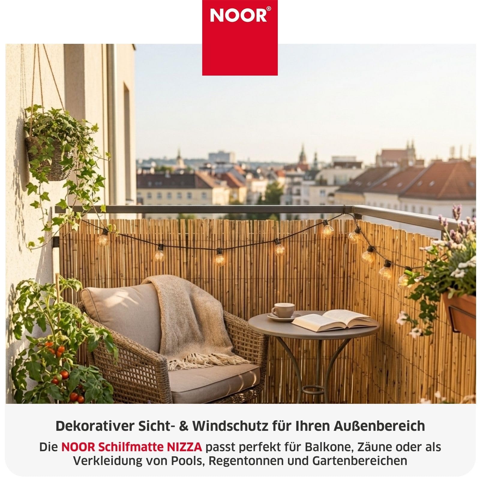 NOOR Schilfrohrmatte NIZZA - Sichtschutzmatte Schilfzaun - Natur 2,0x6,0 m | Natürlicher Sicht- & Windschutz aus Schilfrohr für Garten, Terrasse & Balkon - Zaunblende verwebt mit verzinktem Draht