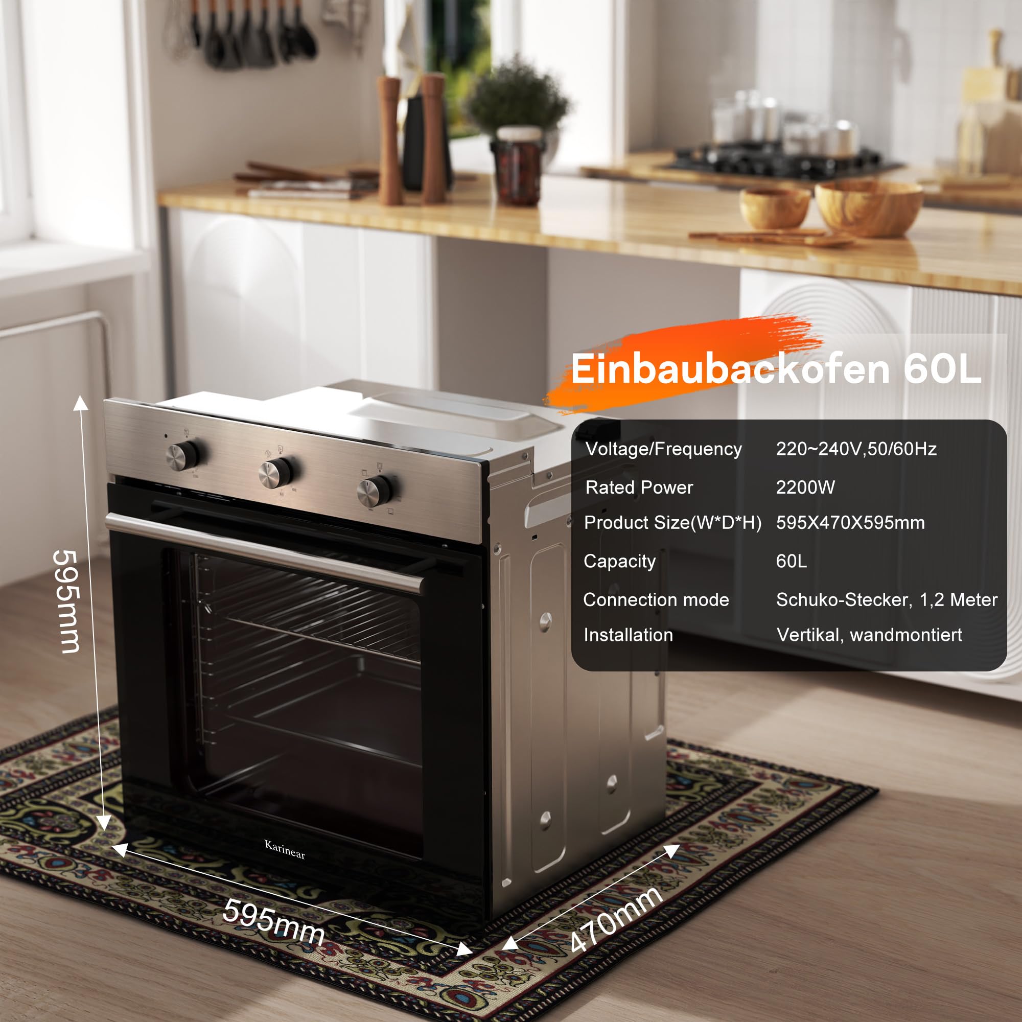 Karinear Einbaubackofen 60 cm 60L mit Stecker, 6 Programme, 2200W, Silber | 60L Einbaubackofen mit 6 Programme, Backofen 230v für Steckdose, 2200W Schnellheizung,50–250°C und einfache Knopfsteuerung